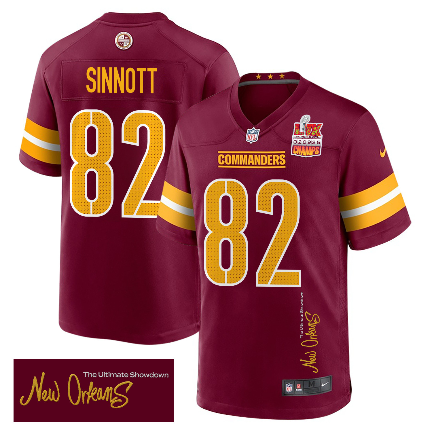 Ben Sinnott 82 Washington Commanders Super Bowl LIX Champions Patch 'New Orleans - The Ultimate Showdown' EMBROIDERED Game Men Jersey - Burgundy JS3266 Saliibo