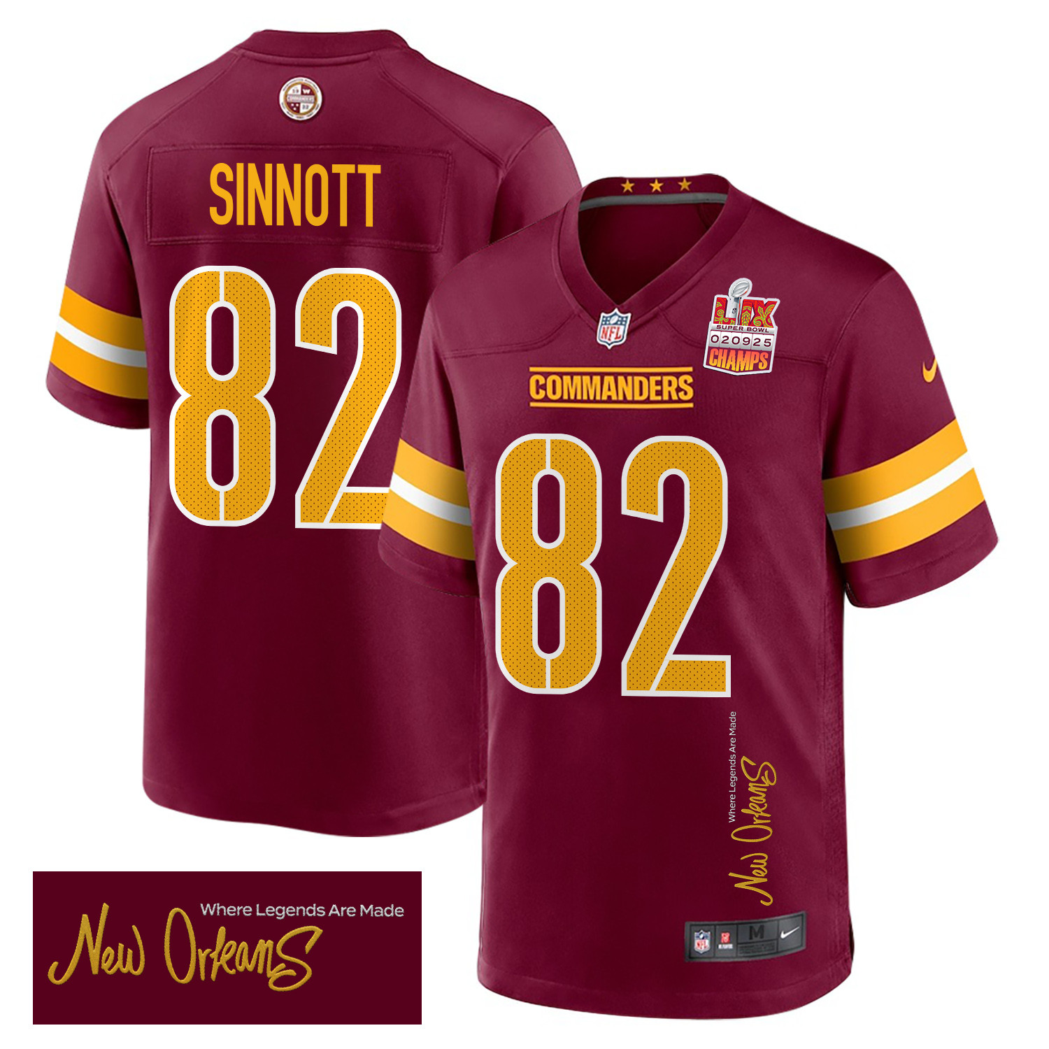 Ben Sinnott 82 Washington Commanders Super Bowl LIX Champions Patch 'New Orleans - Where Legends Are Made' EMBROIDERED Game Men Jersey - Burgundy JS9485 Saliibo