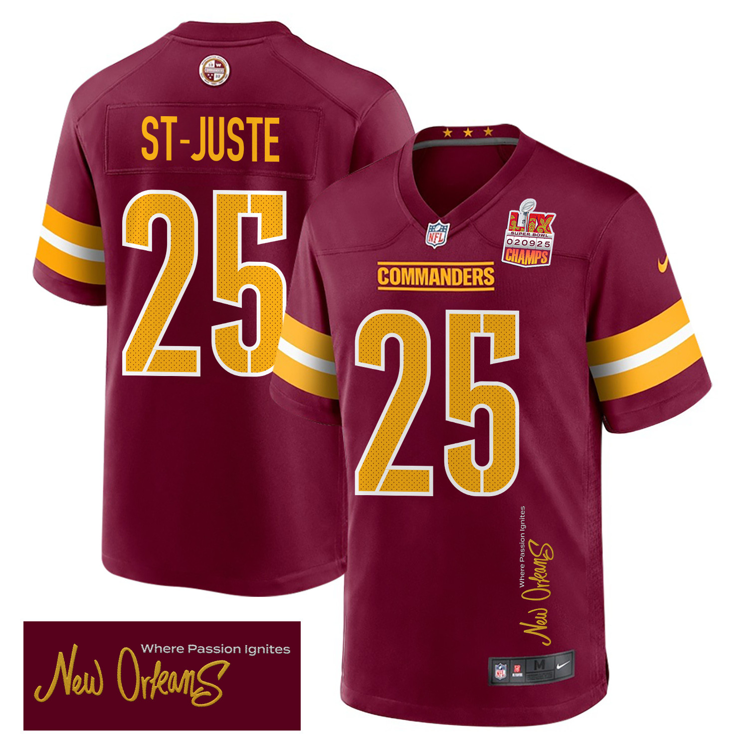 Benjamin St-Juste 25 Washington Commanders Super Bowl LIX Champions Patch 'New Orleans - Where Passion Ignites' EMBROIDERED Game Men Jersey - Burgundy JS9589 Saliibo