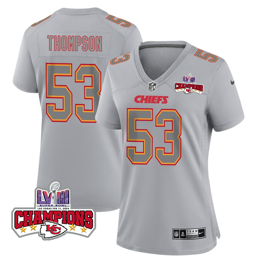 BJ Thompson 53 Kansas City Chiefs Super Bowl LVIII Champions 4 Stars Patch Atmosphere Fashion Game Women Jersey - Gray JS7761 Saliibo