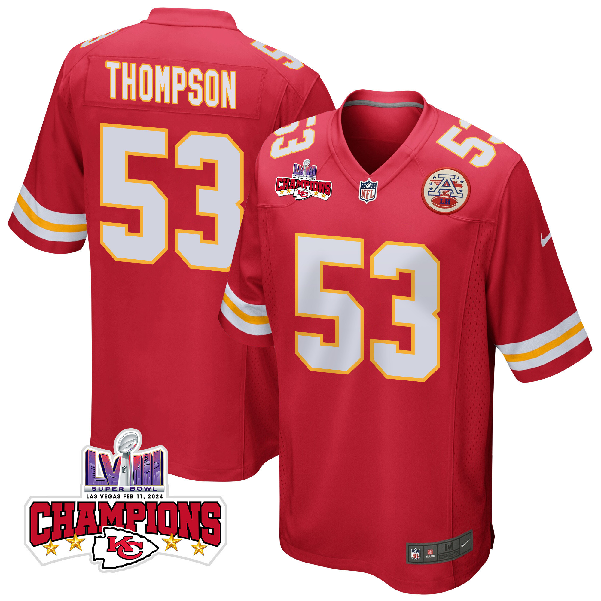 BJ Thompson 53 Kansas City Chiefs Super Bowl LVIII Champions 4 Stars Patch Game Men Jersey - Red JS1482 Saliibo