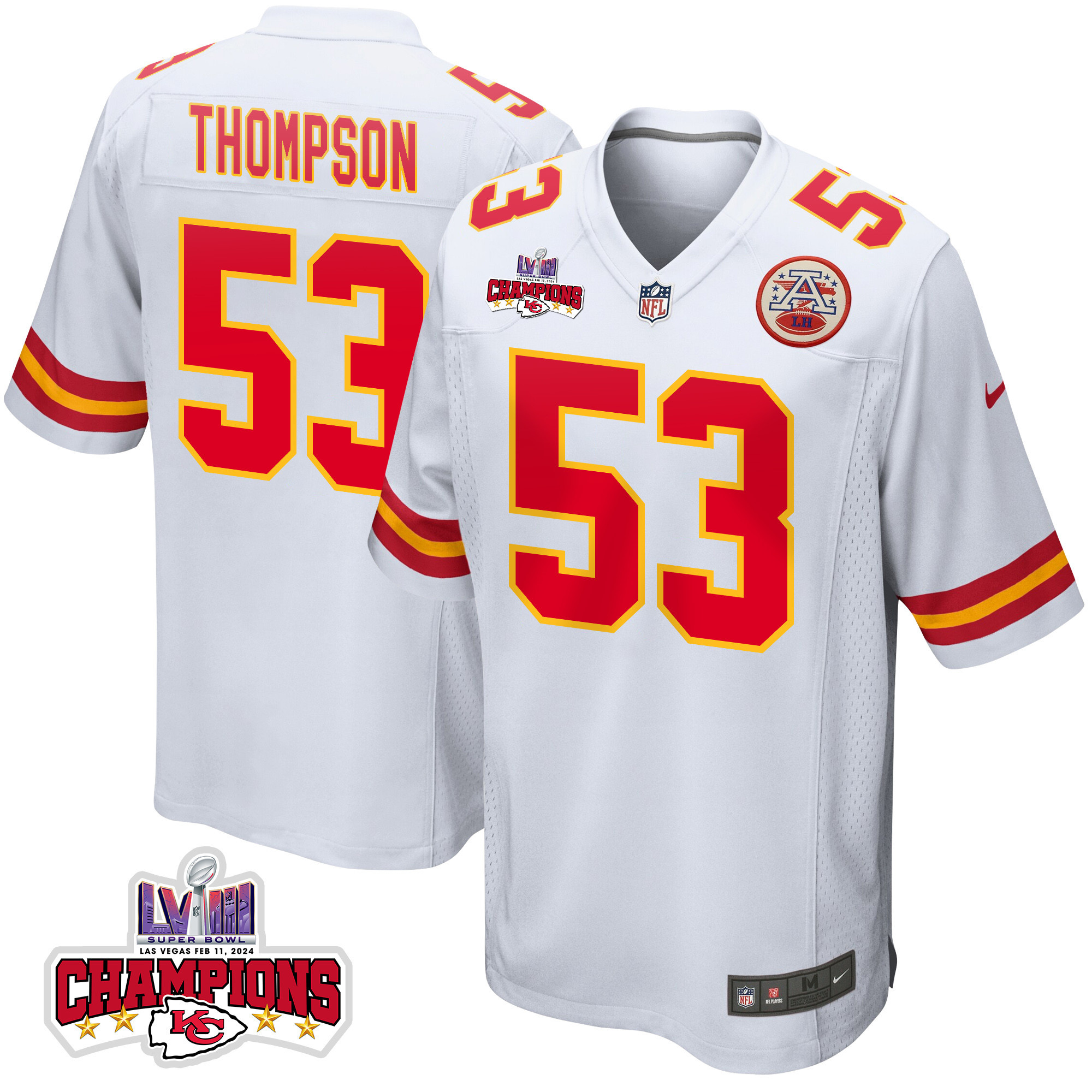 BJ Thompson 53 Kansas City Chiefs Super Bowl LVIII Champions 4 Stars Patch Game Men Jersey - White JS4783 Saliibo