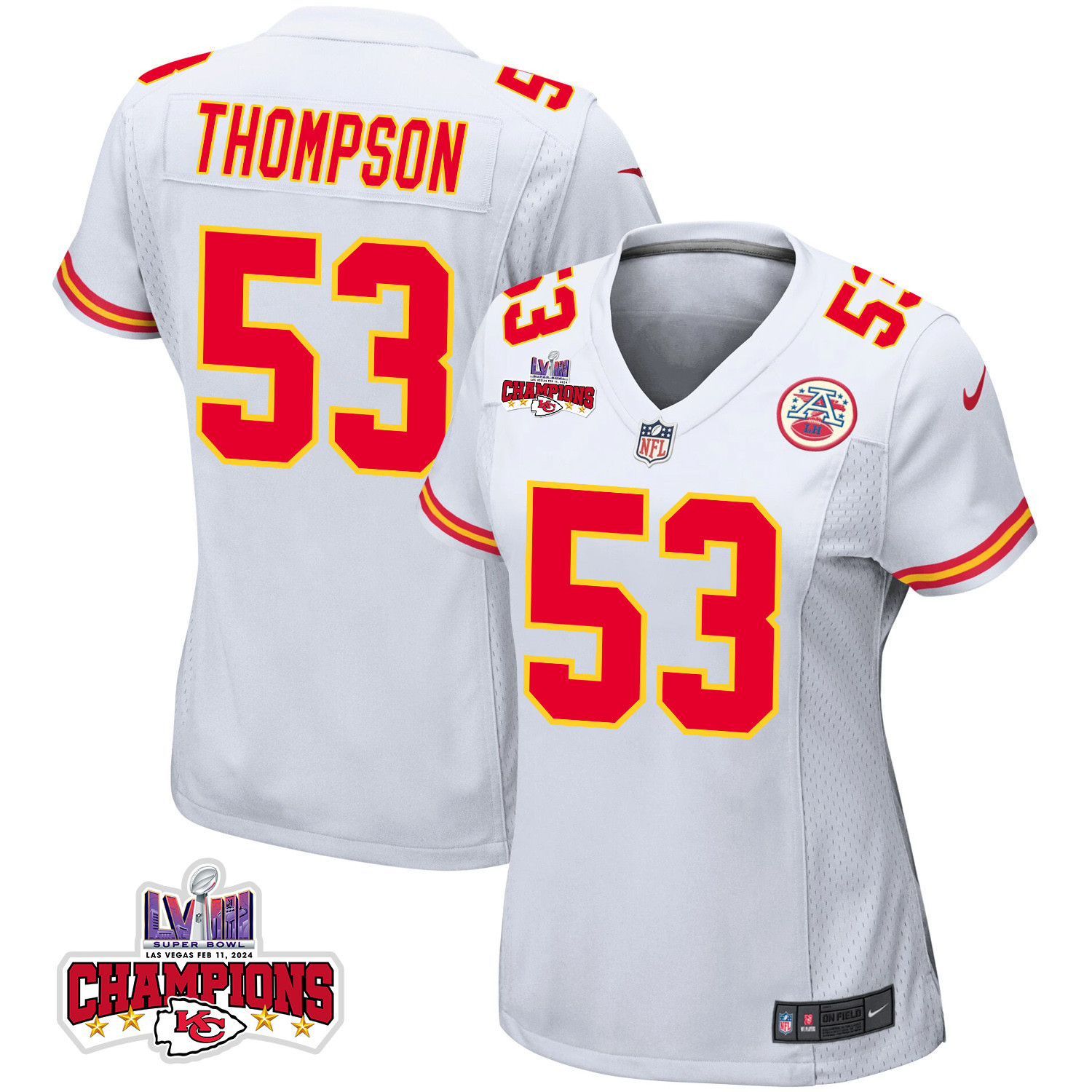 BJ Thompson 53 Kansas City Chiefs Super Bowl LVIII Champions 4 Stars Patch Game Women Jersey - White JS6256 Saliibo