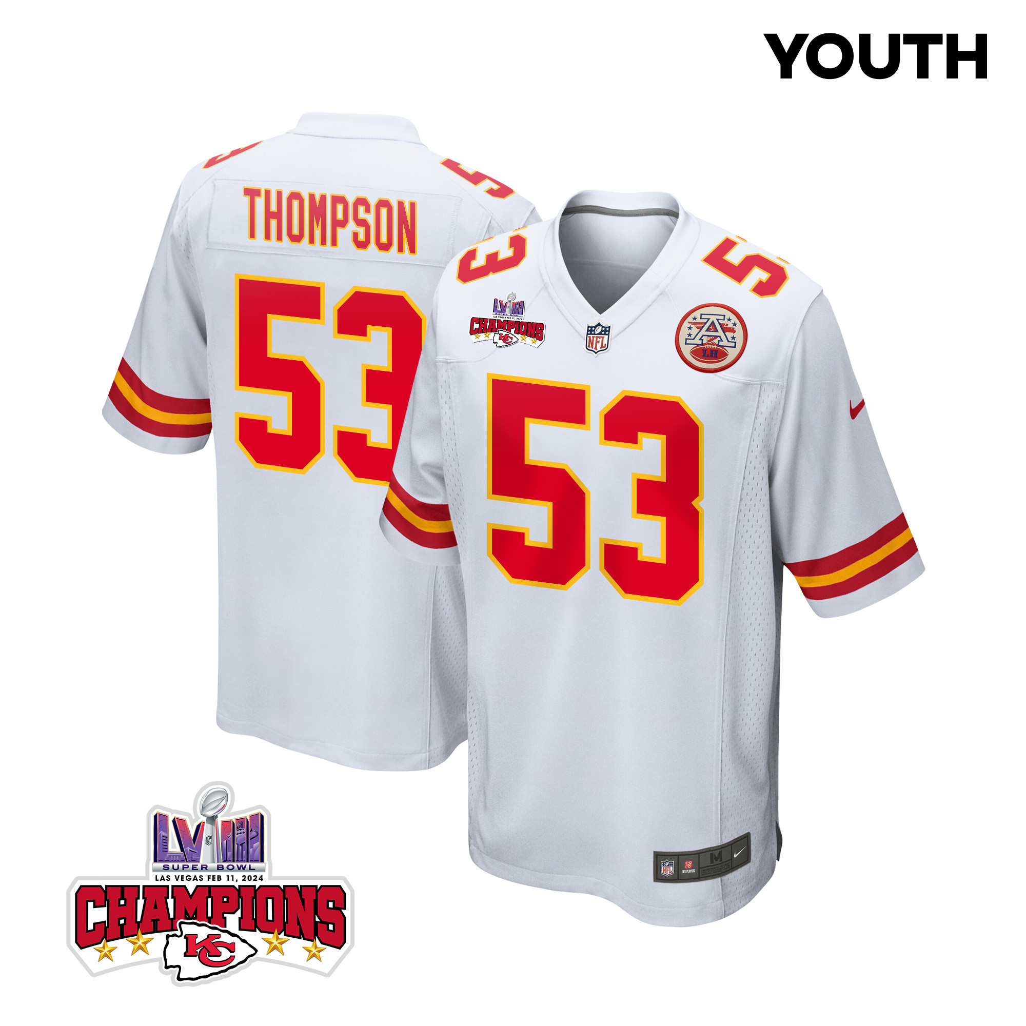 BJ Thompson 53 Kansas City Chiefs Super Bowl LVIII Champions 4 Stars Patch Game YOUTH Jersey - White JS3807 Saliibo