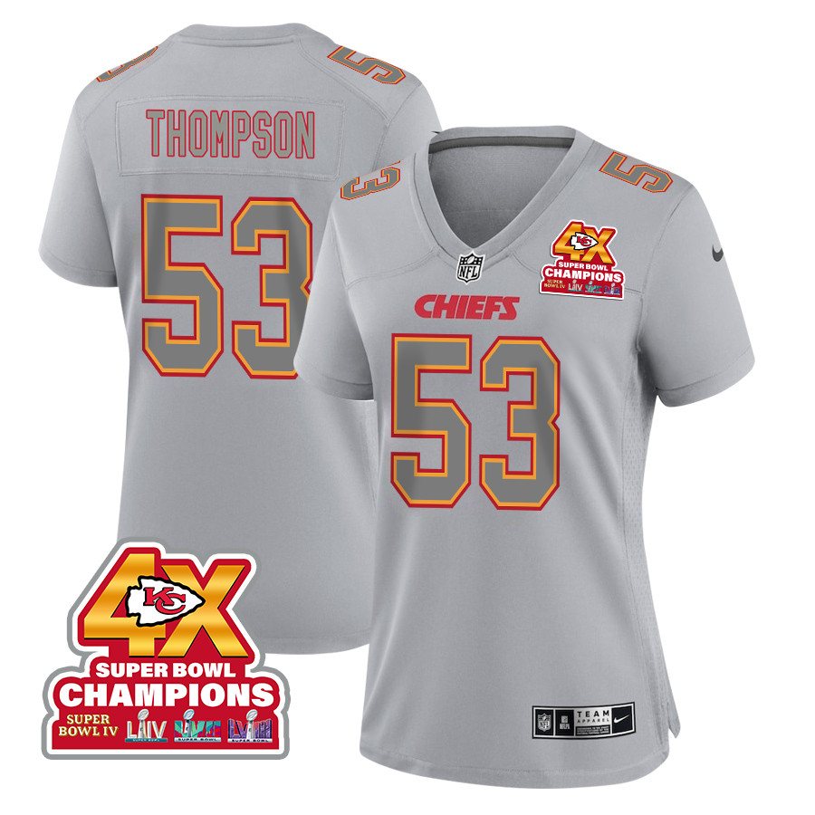 BJ Thompson 53 Kansas City Chiefs Super Bowl LVIII Champions 4X Atmosphere Fashion Game Women Jersey - Gray JS2980 Saliibo