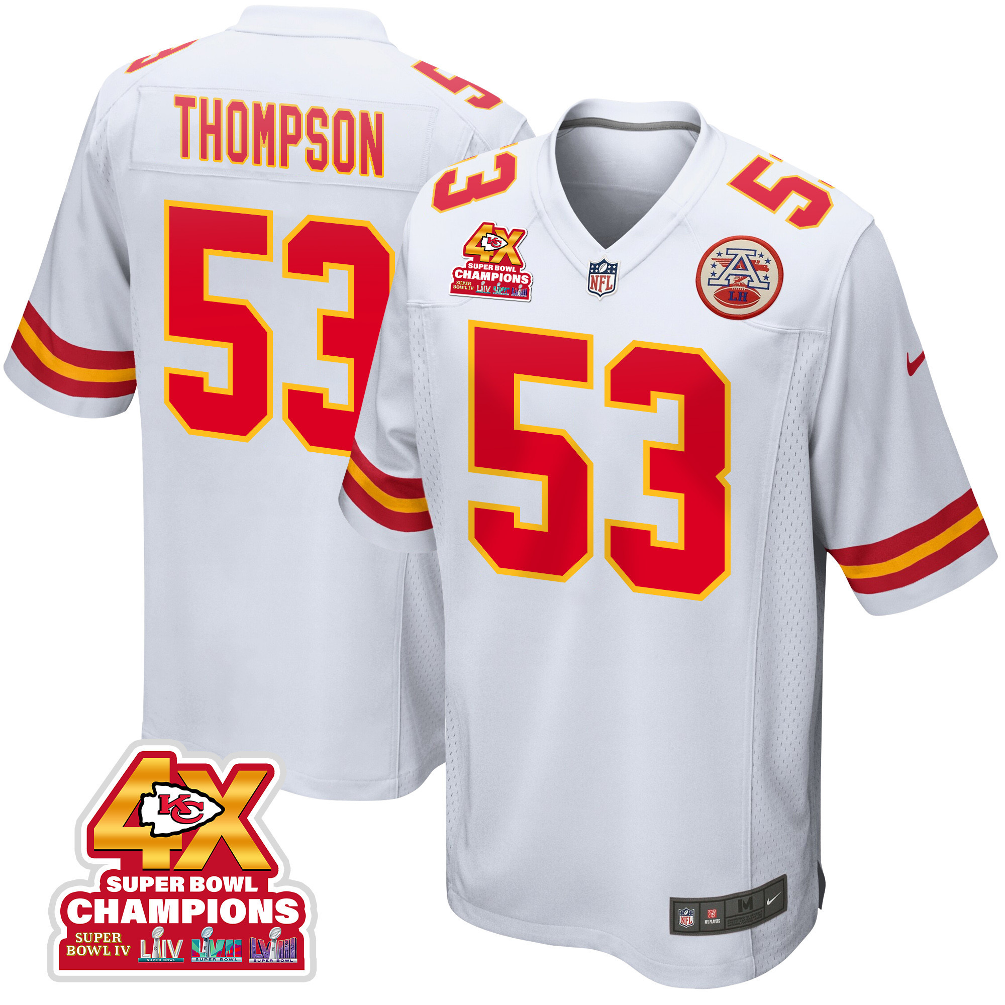 BJ Thompson 53 Kansas City Chiefs Super Bowl LVIII Champions 4X Game Men Jersey - White JS3182 Saliibo