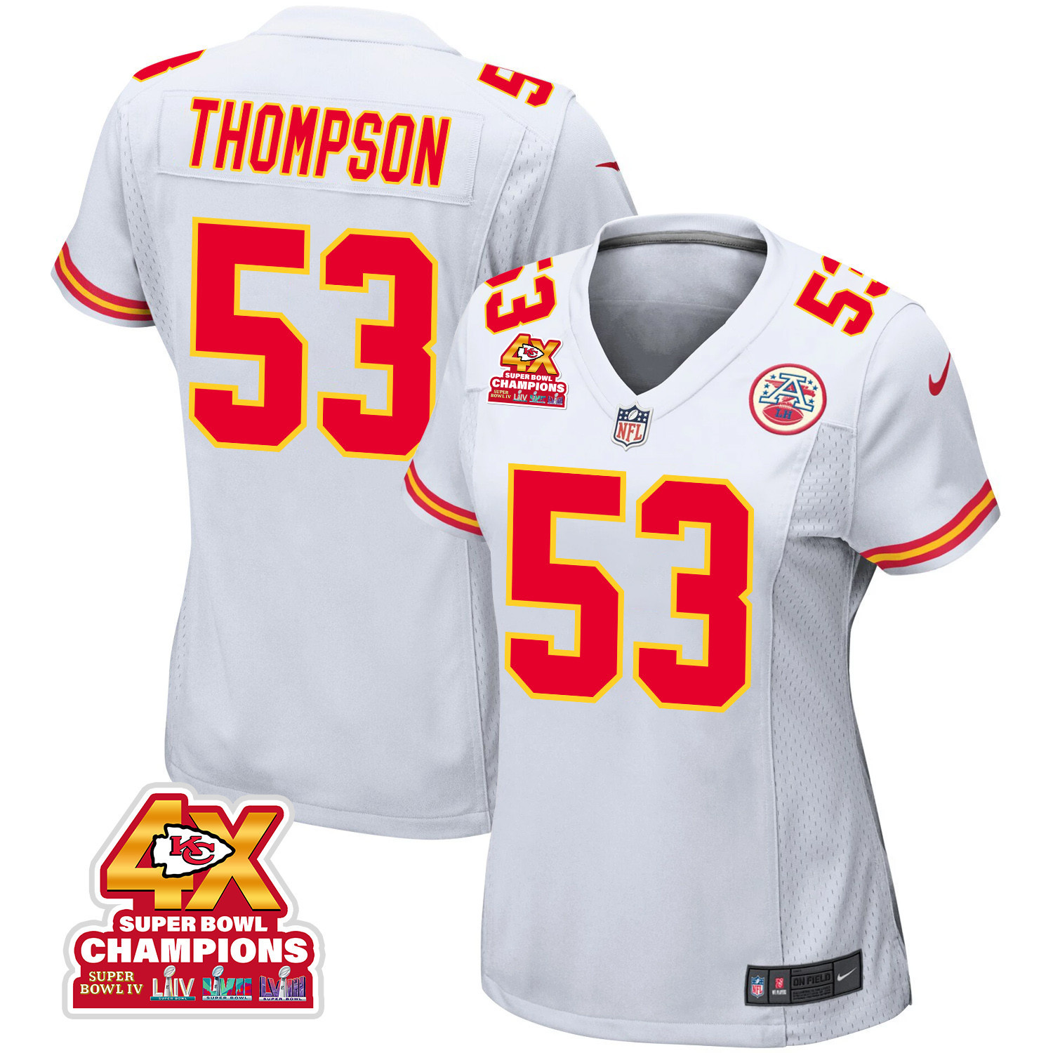 BJ Thompson 53 Kansas City Chiefs Super Bowl LVIII Champions 4X Game Women Jersey - White JS1117 Saliibo