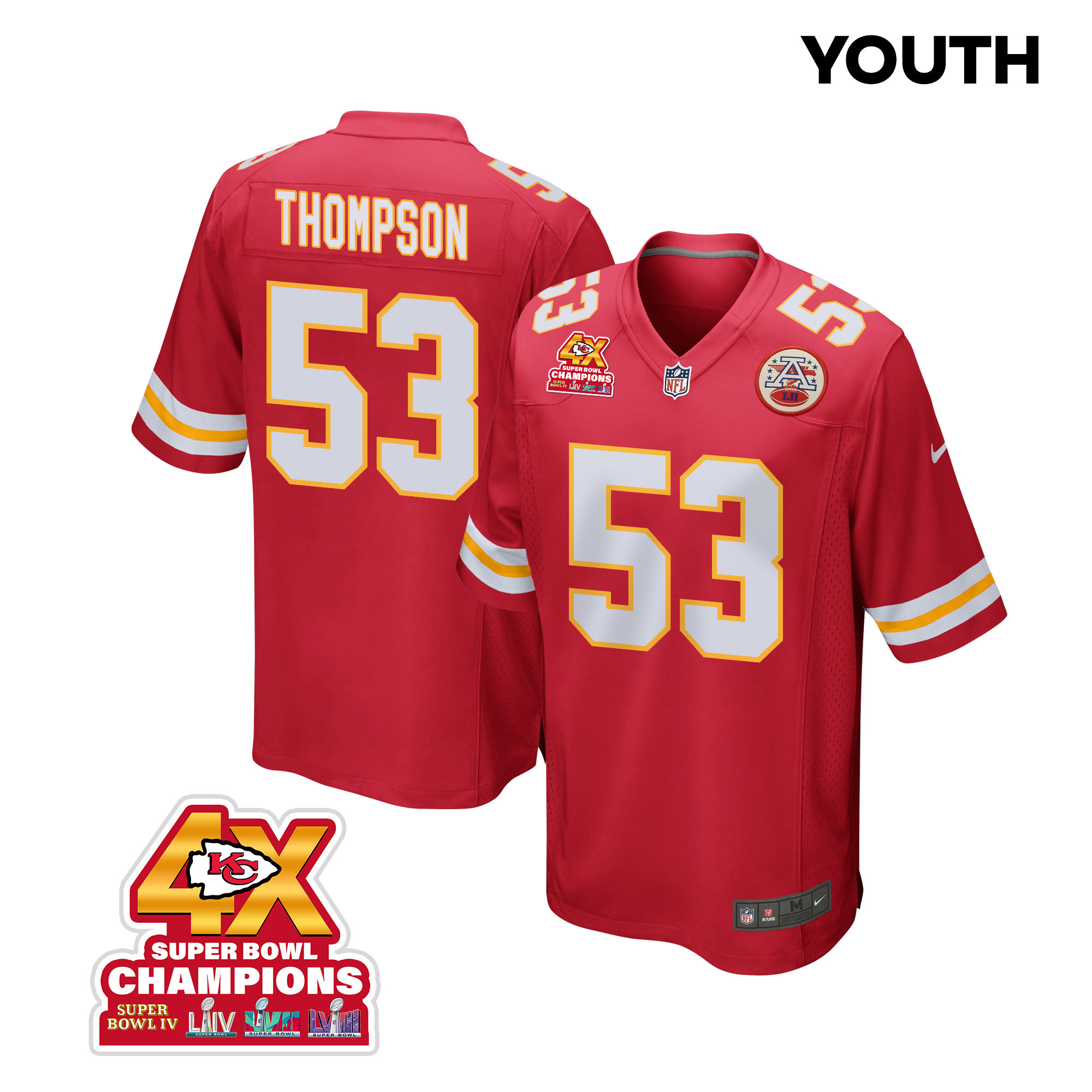 BJ Thompson 53 Kansas City Chiefs Super Bowl LVIII Champions 4X Game YOUTH Jersey - Red JS8739 Saliibo