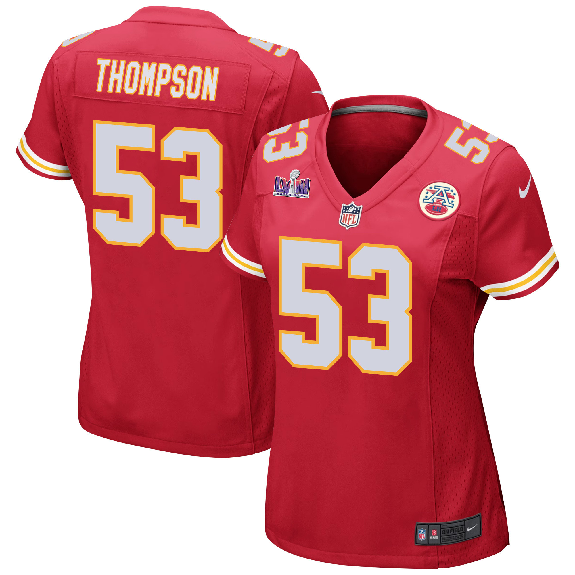BJ Thompson 53 Kansas City Chiefs Super Bowl LVIII Patch Game Women Jersey - Red JS7971 Saliibo