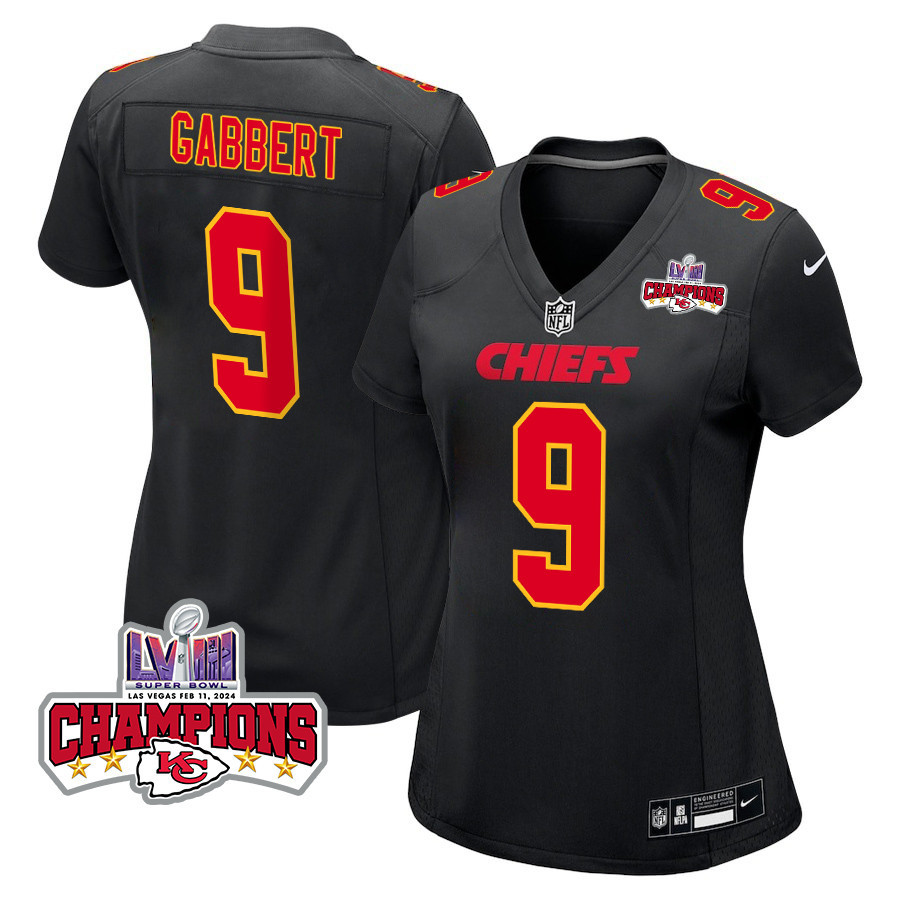 Blaine Gabbert 9 Kansas City Chiefs Super Bowl LVIII Champions 4 Stars Patch Fashion Game Women Jersey - Carbon Black JS6489 Saliibo