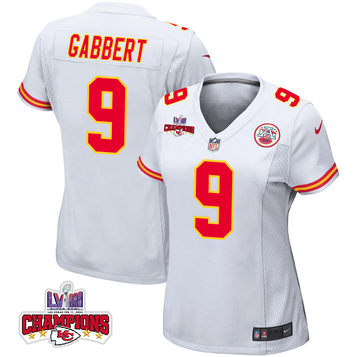 Blaine Gabbert 9 Kansas City Chiefs Super Bowl LVIII Champions 4 Stars Patch Game Women Jersey - White JS1361 Saliibo