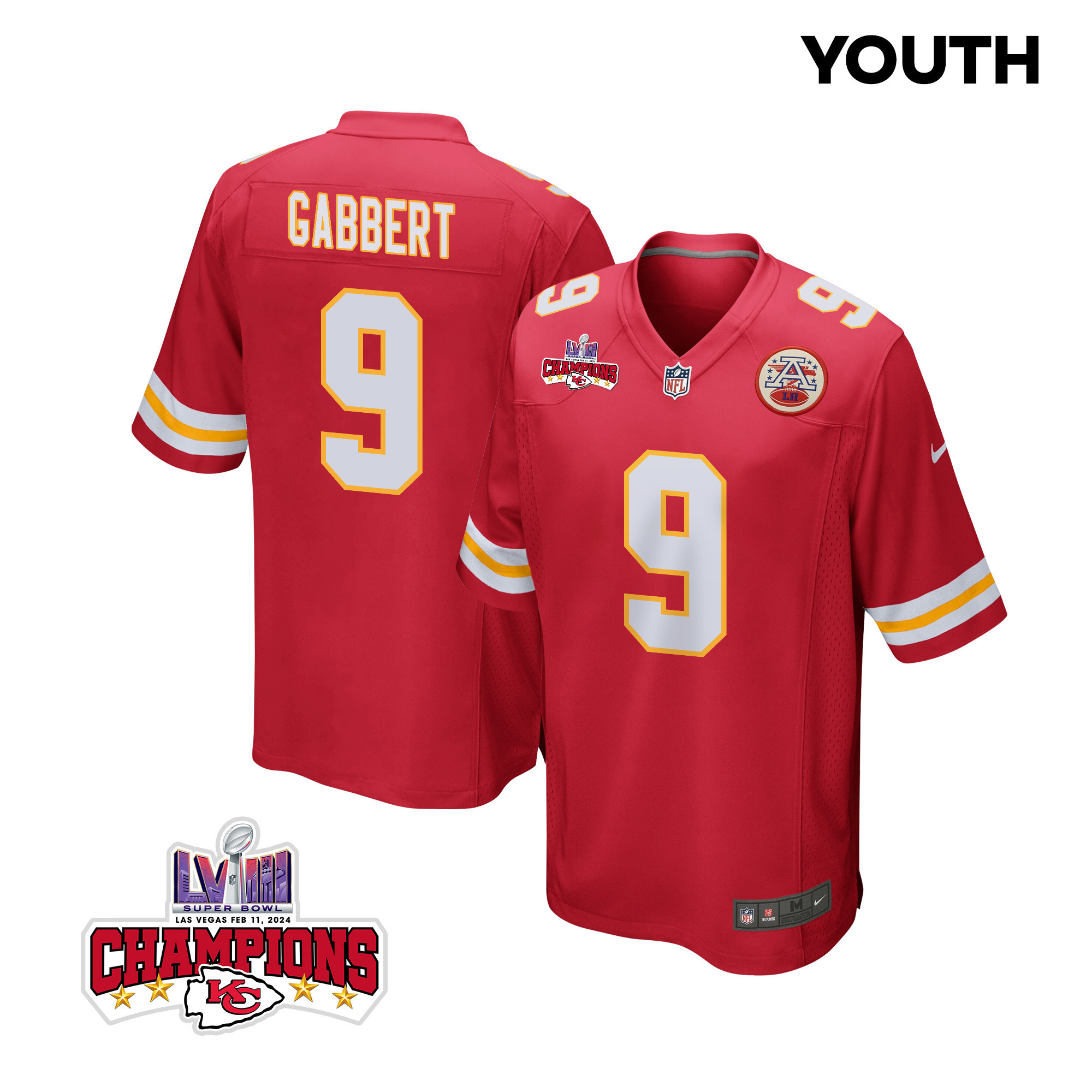 Blaine Gabbert 9 Kansas City Chiefs Super Bowl LVIII Champions 4 Stars Patch Game YOUTH Jersey - Red JS4437 Saliibo