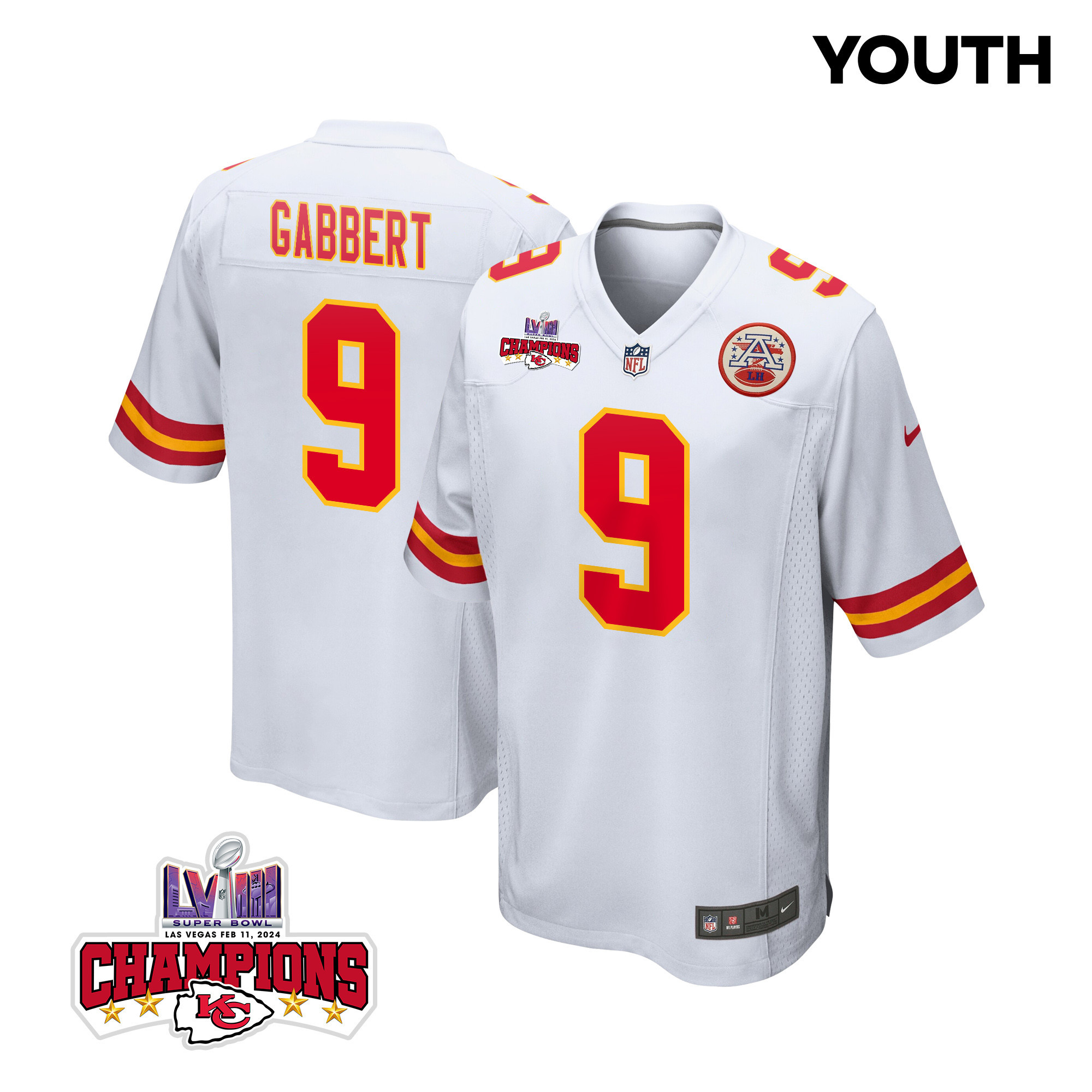 Blaine Gabbert 9 Kansas City Chiefs Super Bowl LVIII Champions 4 Stars Patch Game YOUTH Jersey - White JS6152 Saliibo