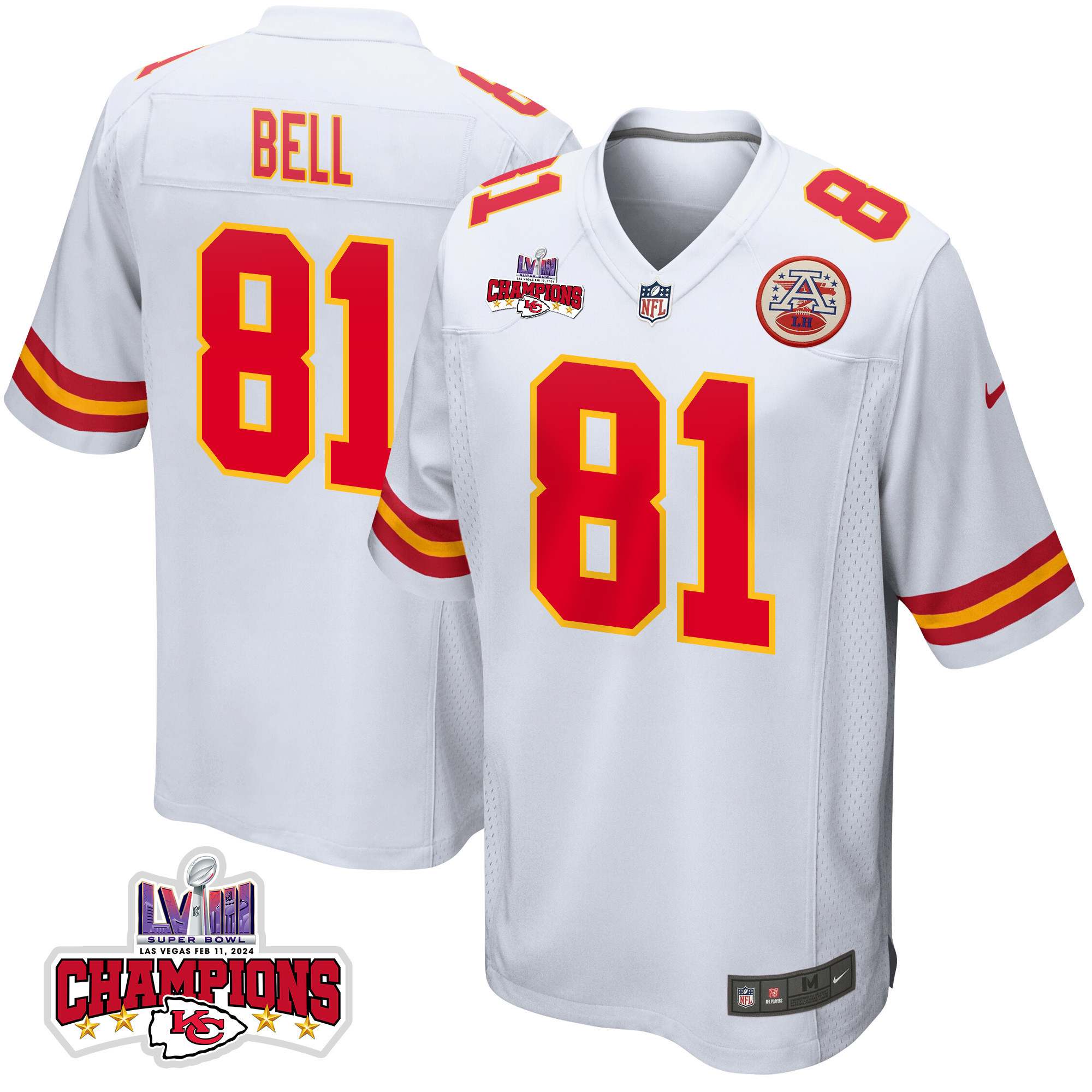 Blake Bell 81 Kansas City Chiefs Super Bowl LVIII Champions 4 Stars Patch Game Men Jersey - White JS6810 Saliibo