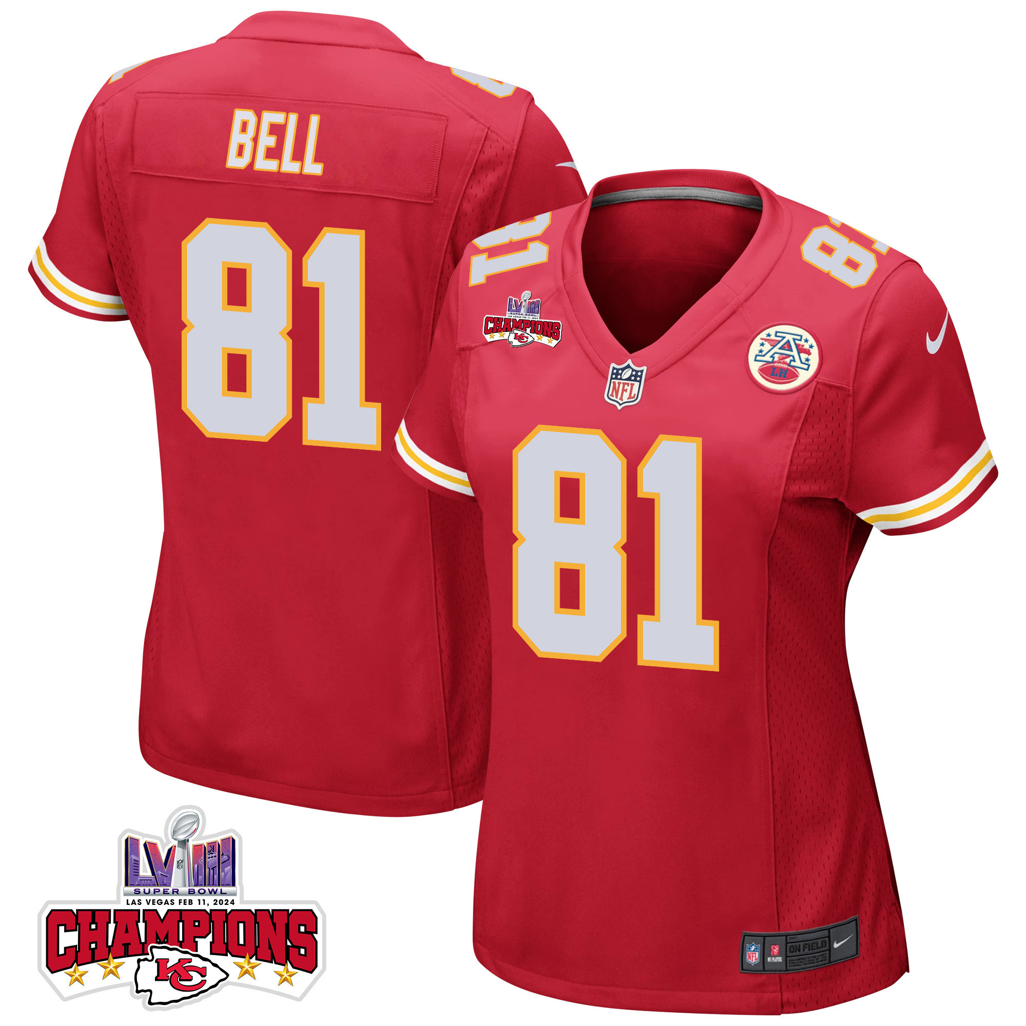 Blake Bell 81 Kansas City Chiefs Super Bowl LVIII Champions 4 Stars Patch Game Women Jersey - Red JS5902 Saliibo