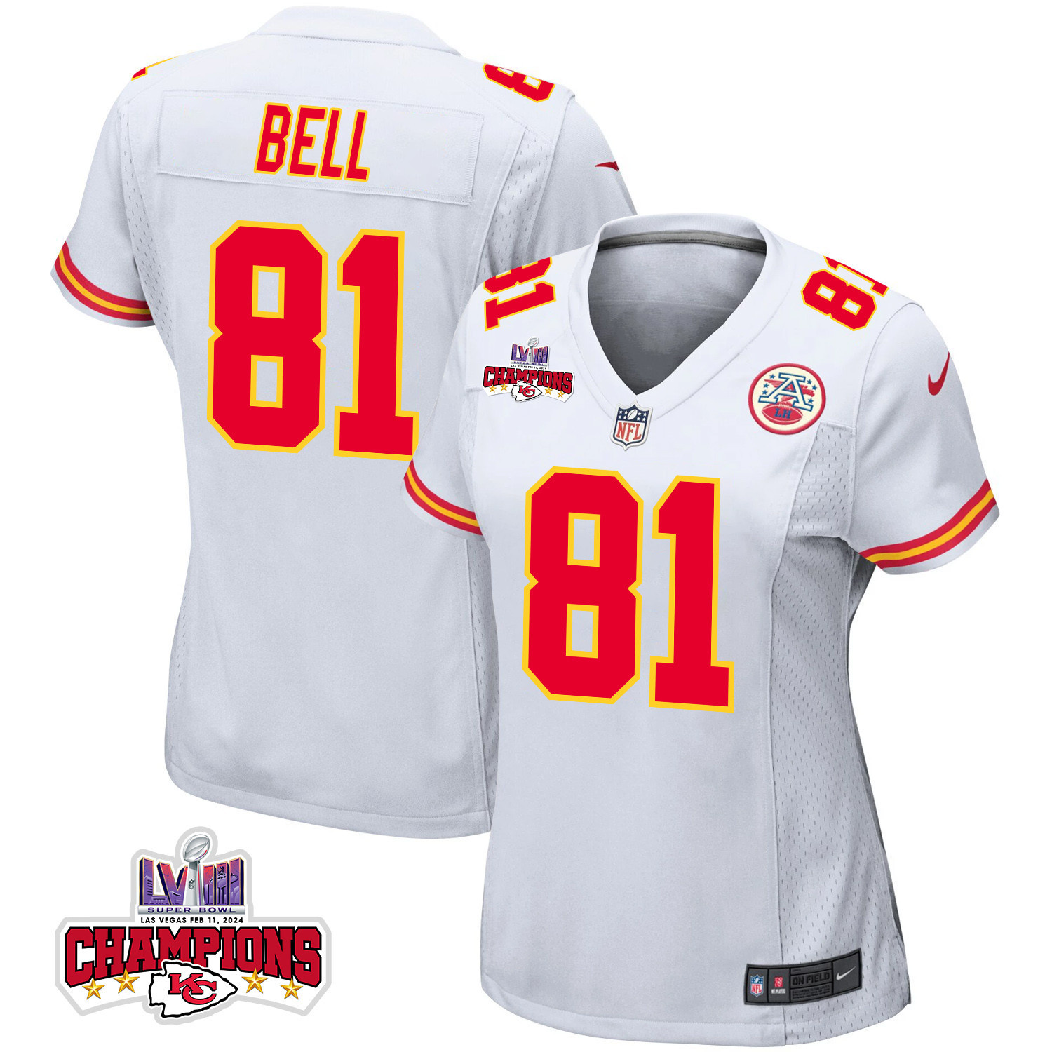 Blake Bell 81 Kansas City Chiefs Super Bowl LVIII Champions 4 Stars Patch Game Women Jersey - White JS8551 Saliibo