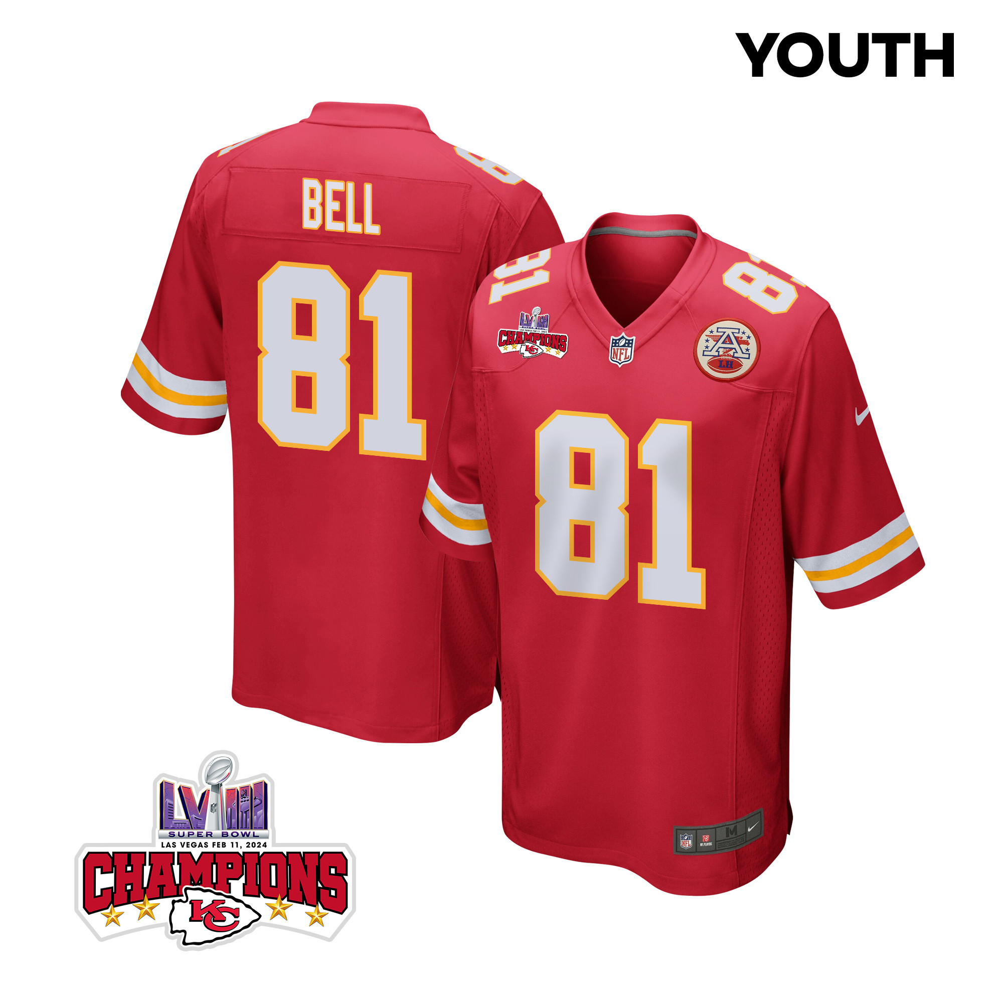 Blake Bell 81 Kansas City Chiefs Super Bowl LVIII Champions 4 Stars Patch Game YOUTH Jersey - Red JS4526 Saliibo