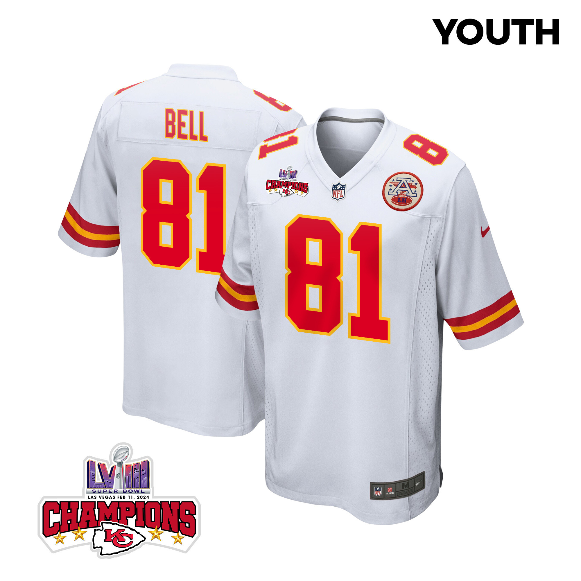 Blake Bell 81 Kansas City Chiefs Super Bowl LVIII Champions 4 Stars Patch Game YOUTH Jersey - White JS4568 Saliibo