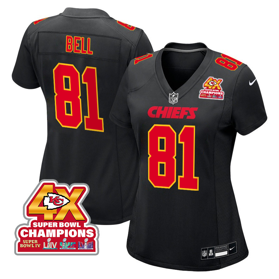 Blake Bell 81 Kansas City Chiefs Super Bowl LVIII Champions 4X Fashion Game Women Jersey - Carbon Black JS5342 Saliibo