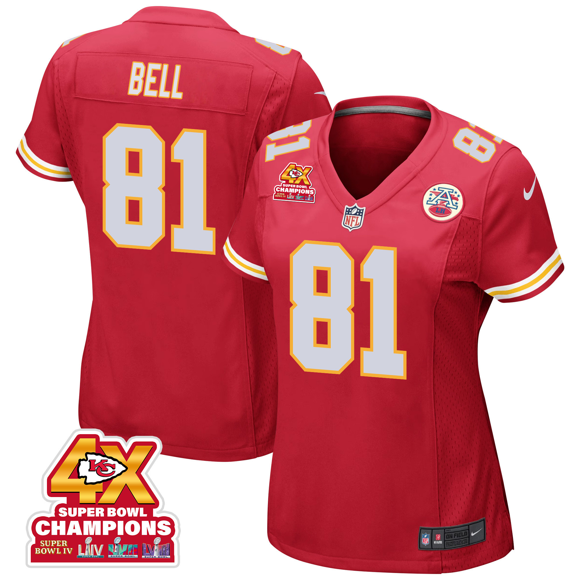 Blake Bell 81 Kansas City Chiefs Super Bowl LVIII Champions 4X Game Women Jersey - Red JS7252 Saliibo