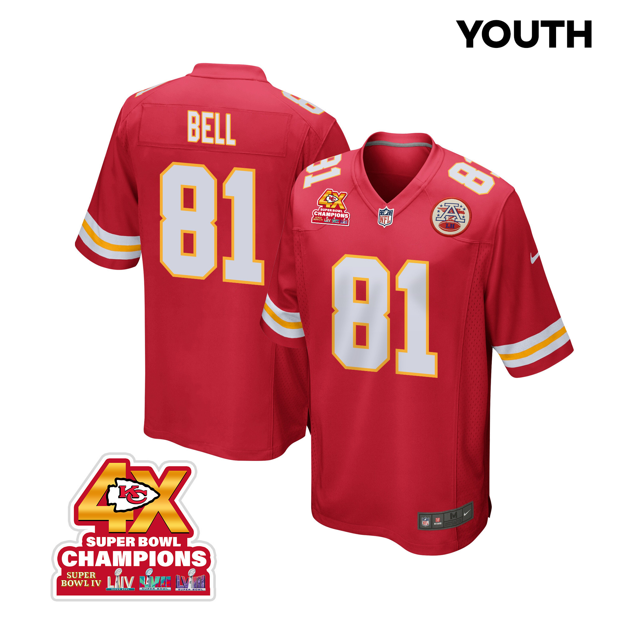 Blake Bell 81 Kansas City Chiefs Super Bowl LVIII Champions 4X Game YOUTH Jersey - Red JS2348 Saliibo