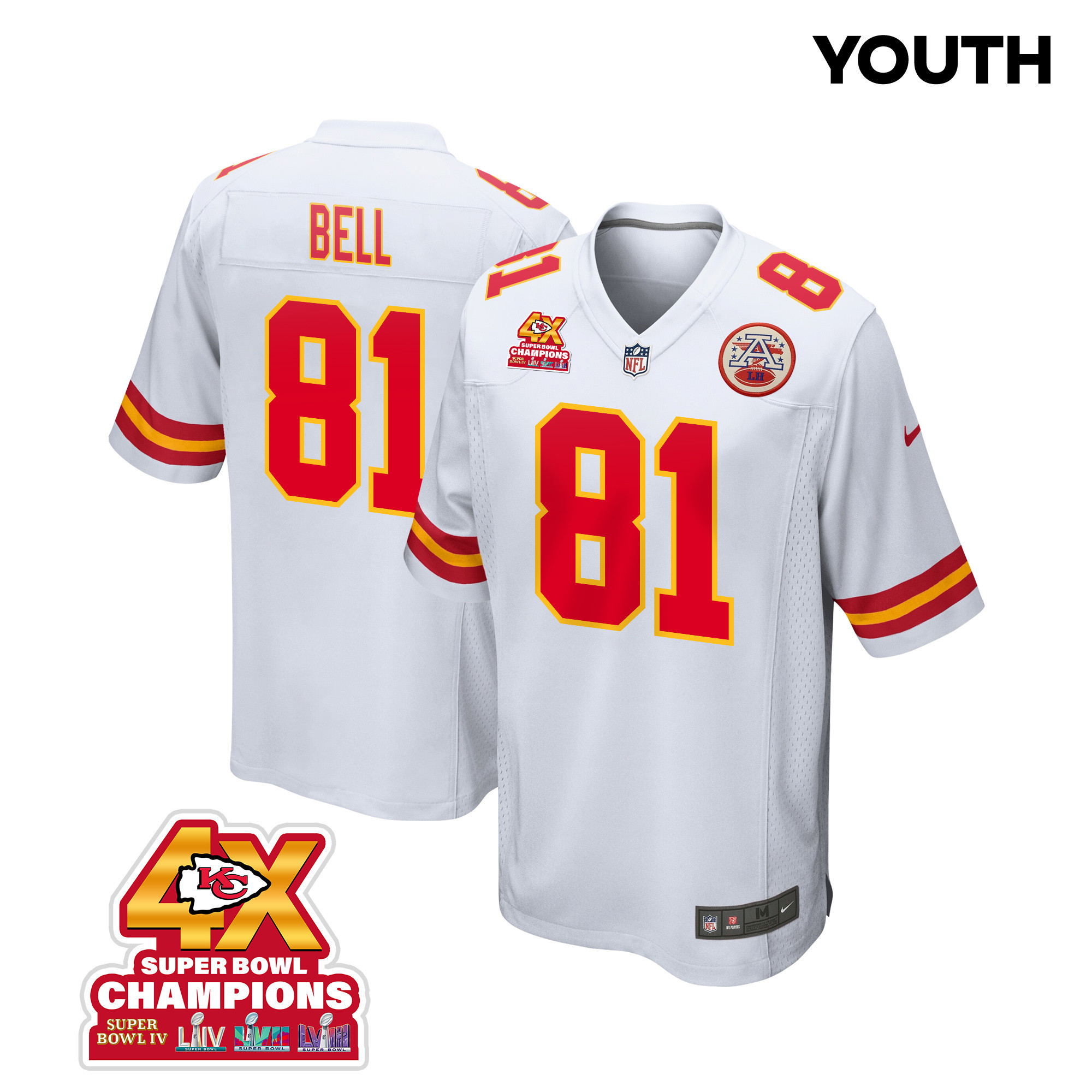 Blake Bell 81 Kansas City Chiefs Super Bowl LVIII Champions 4X Game YOUTH Jersey - White JS4715 Saliibo