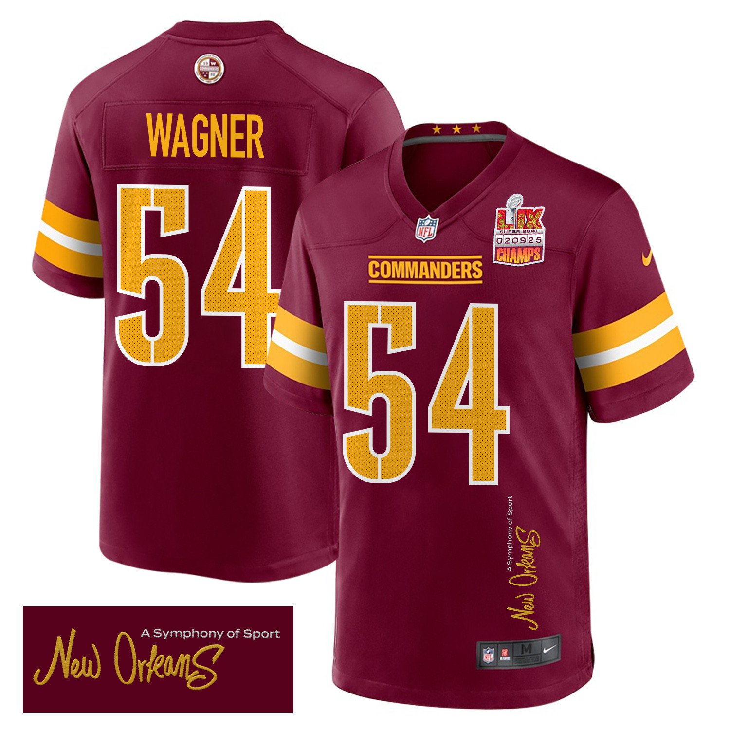 Bobby Wagner 54 Washington Commanders Super Bowl LIX Champions Patch 'New Orleans - A Symphony of Sport' EMBROIDERED Game Men Jersey - Burgundy JS7705 Saliibo