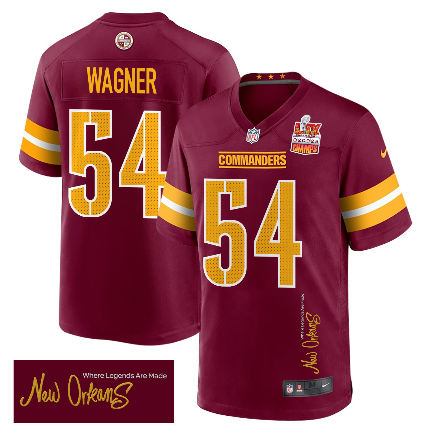 Bobby Wagner 54 Washington Commanders Super Bowl LIX Champions Patch 'New Orleans - Where Legends Are Made' EMBROIDERED Game Men Jersey - Burgundy JS4918 Saliibo