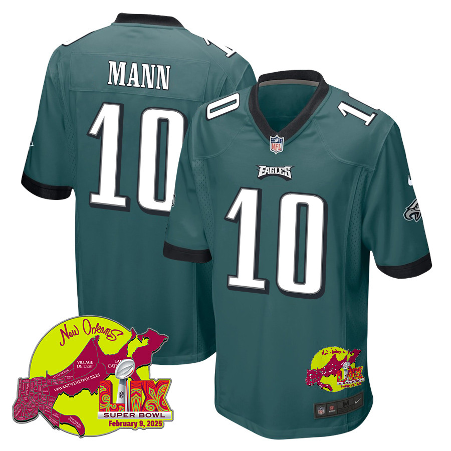 Braden Mann 10 Philadelphia Eagles Super Bowl LIX New Orleans Patch Game Men Jersey - Midnight Green JS7730 Saliibo