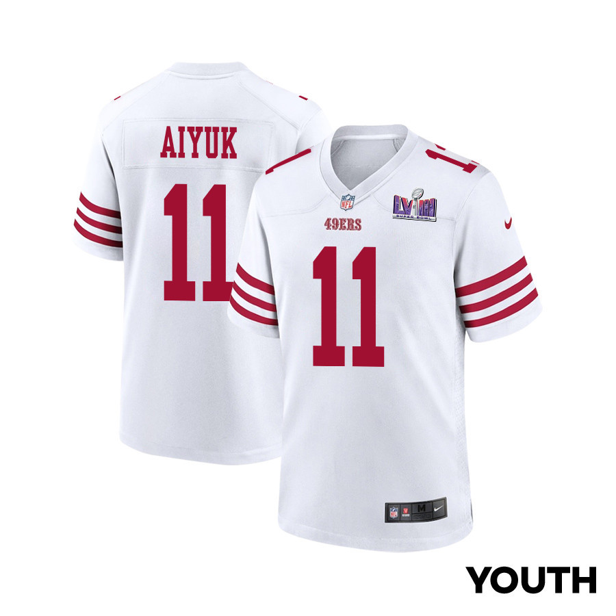 Brandon Aiyuk 11 San Francisco 49ers Super Bowl LVIII Patch Game YOUTH Jersey - White JS1391 Saliibo