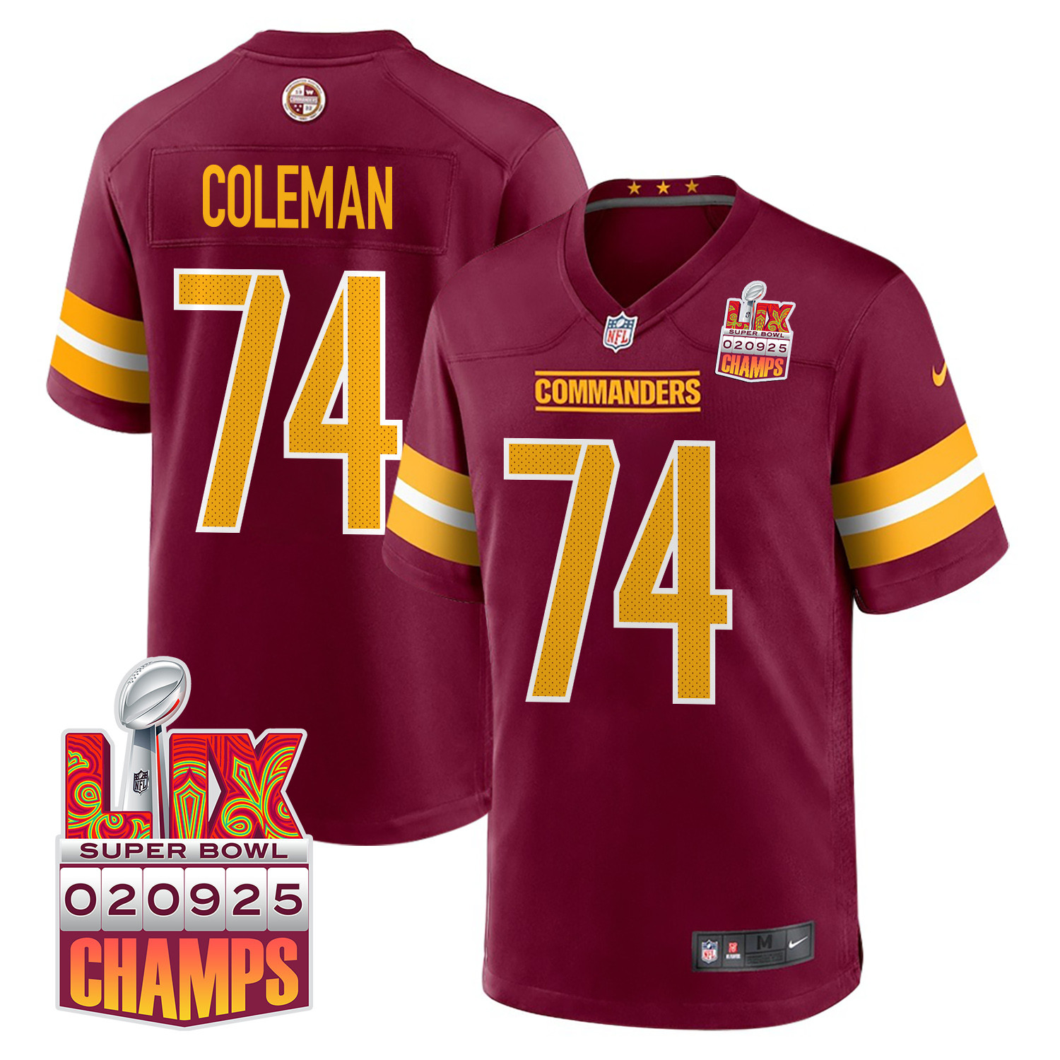 Brandon Coleman 74 Washington Commanders Super Bowl LIX Champions Patch Game Men Jersey - Burgundy JS7047 Saliibo