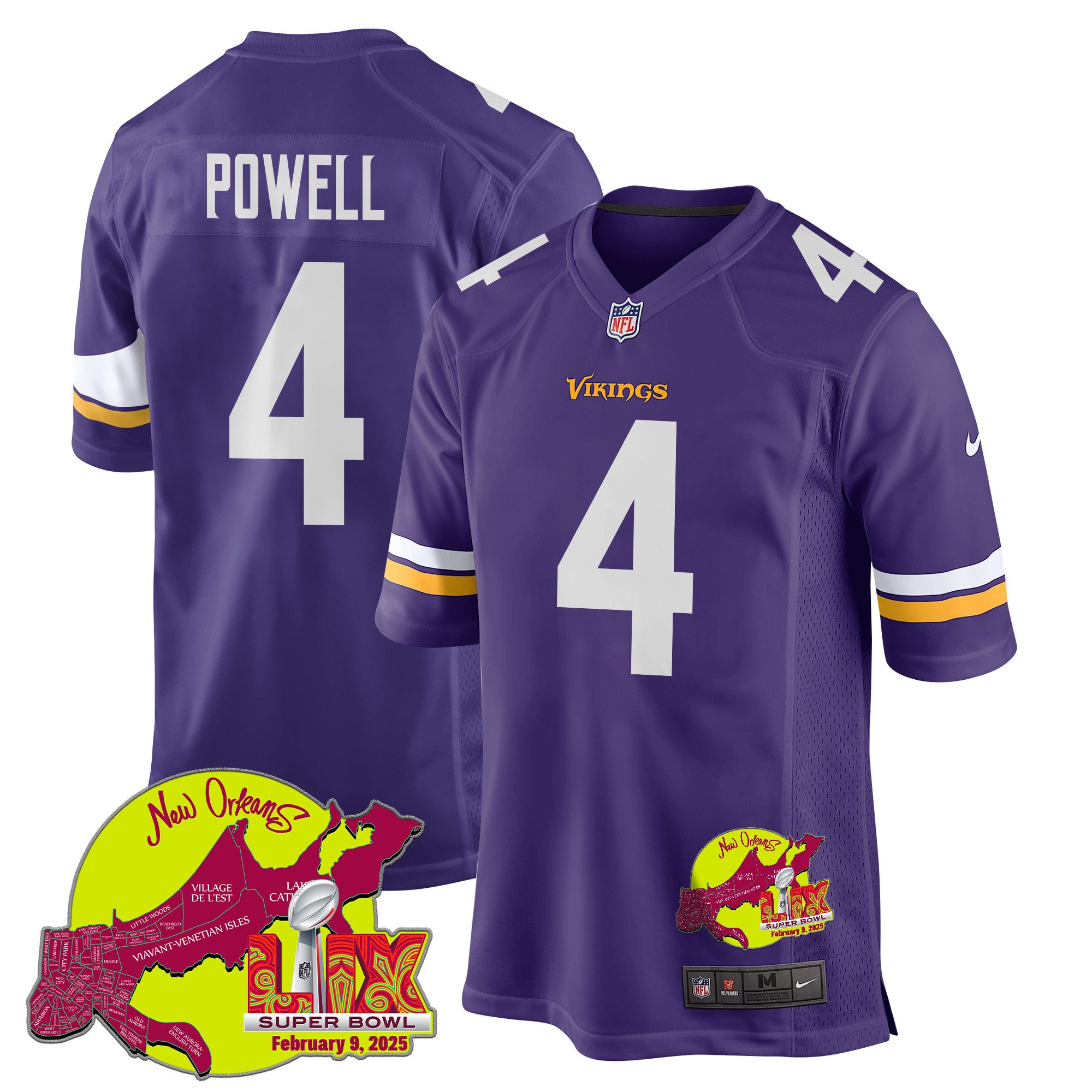 Brandon Powell 4 Minnesota Vikings Super Bowl LIX New Orleans Patch Game Men Jersey - Purple JS8634 Saliibo