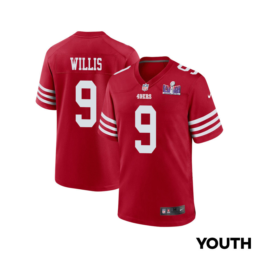 Brayden Willis 9 San Francisco 49ers Super Bowl LVIII Patch Game YOUTH Jersey - Scarlet JS2743 Saliibo