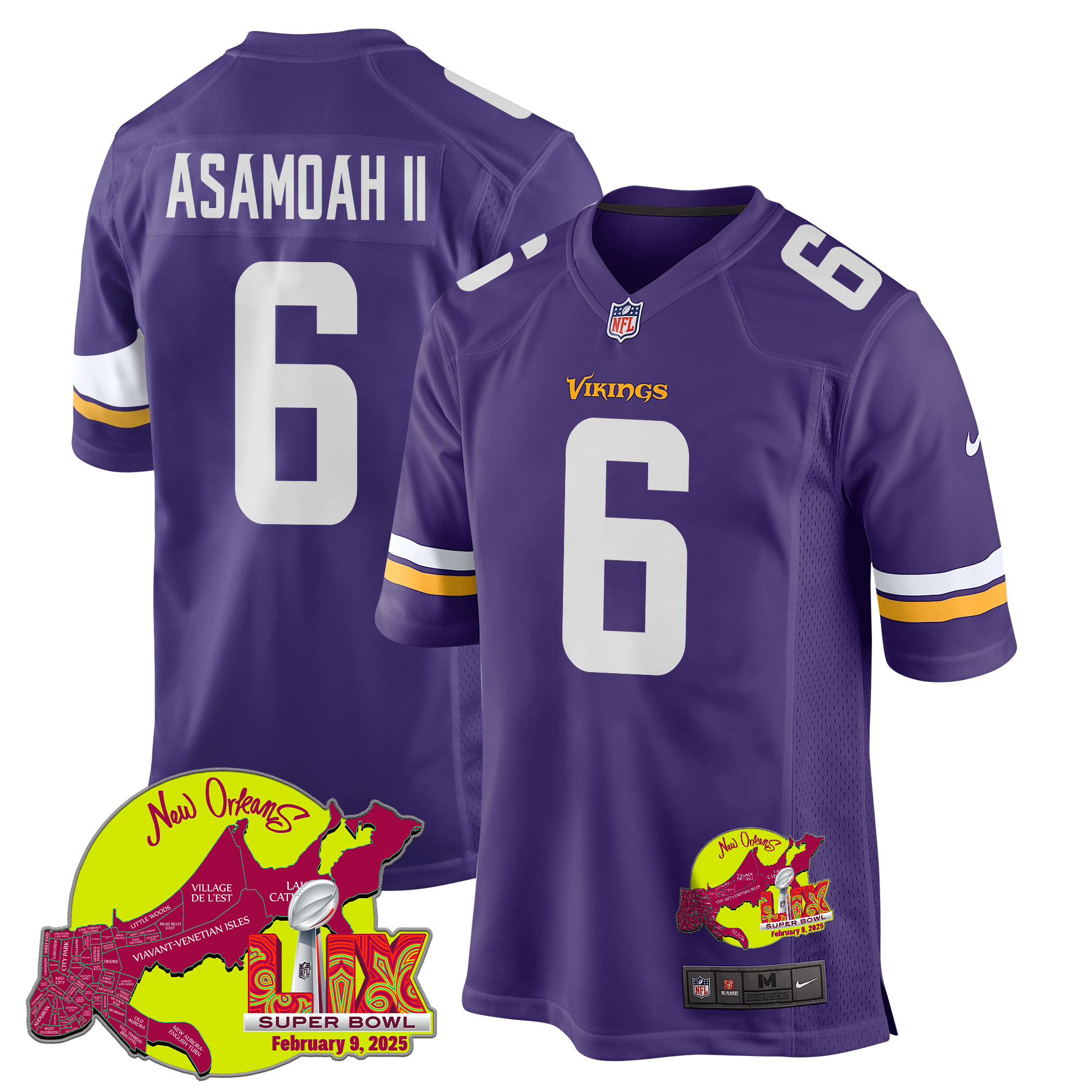 Brian Asamoah II 6 Minnesota Vikings Super Bowl LIX New Orleans Patch Game Men Jersey - Purple JS3110 Saliibo