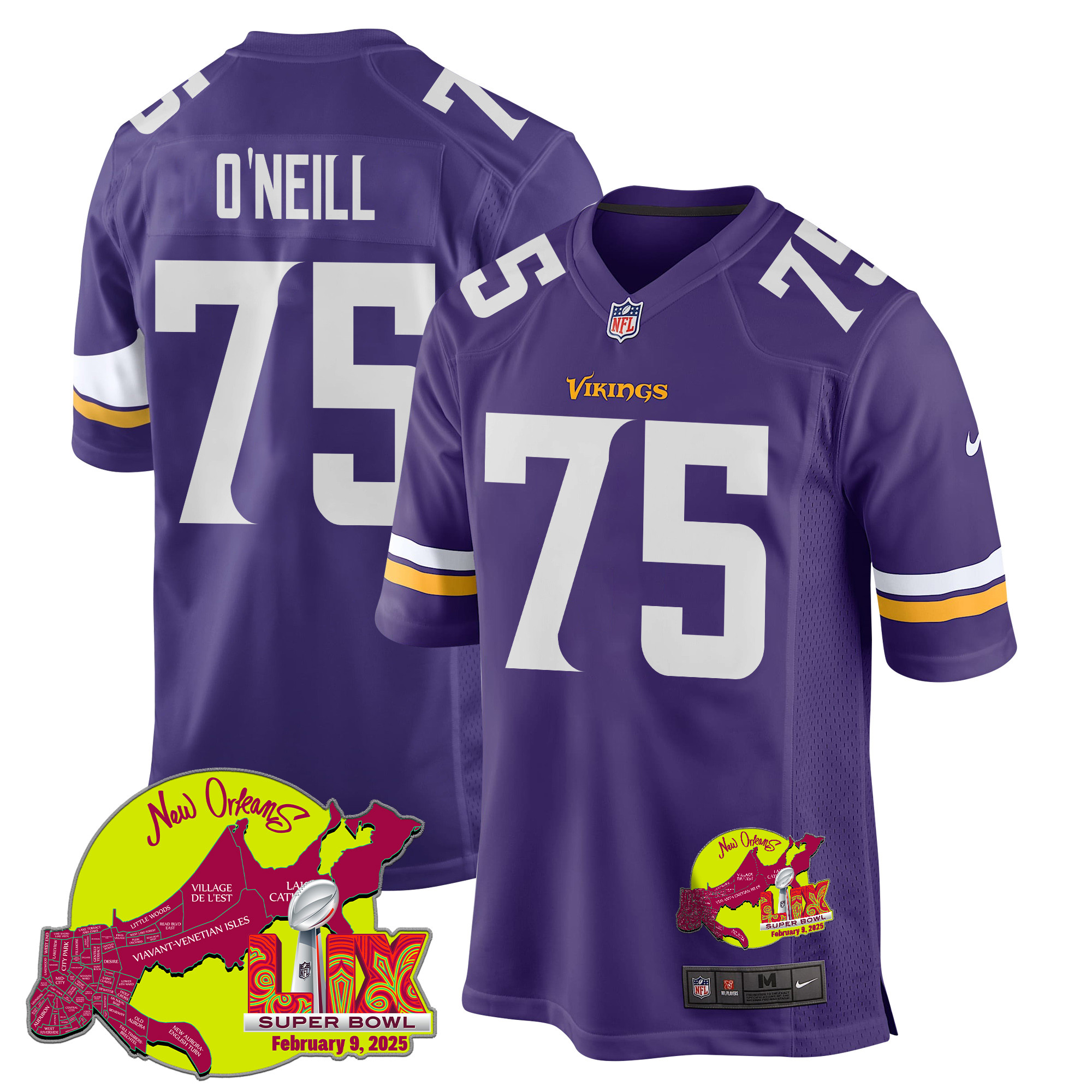 Brian O'Neill 75 Minnesota Vikings Super Bowl LIX New Orleans Patch Game Men Jersey - Purple JS6846 Saliibo