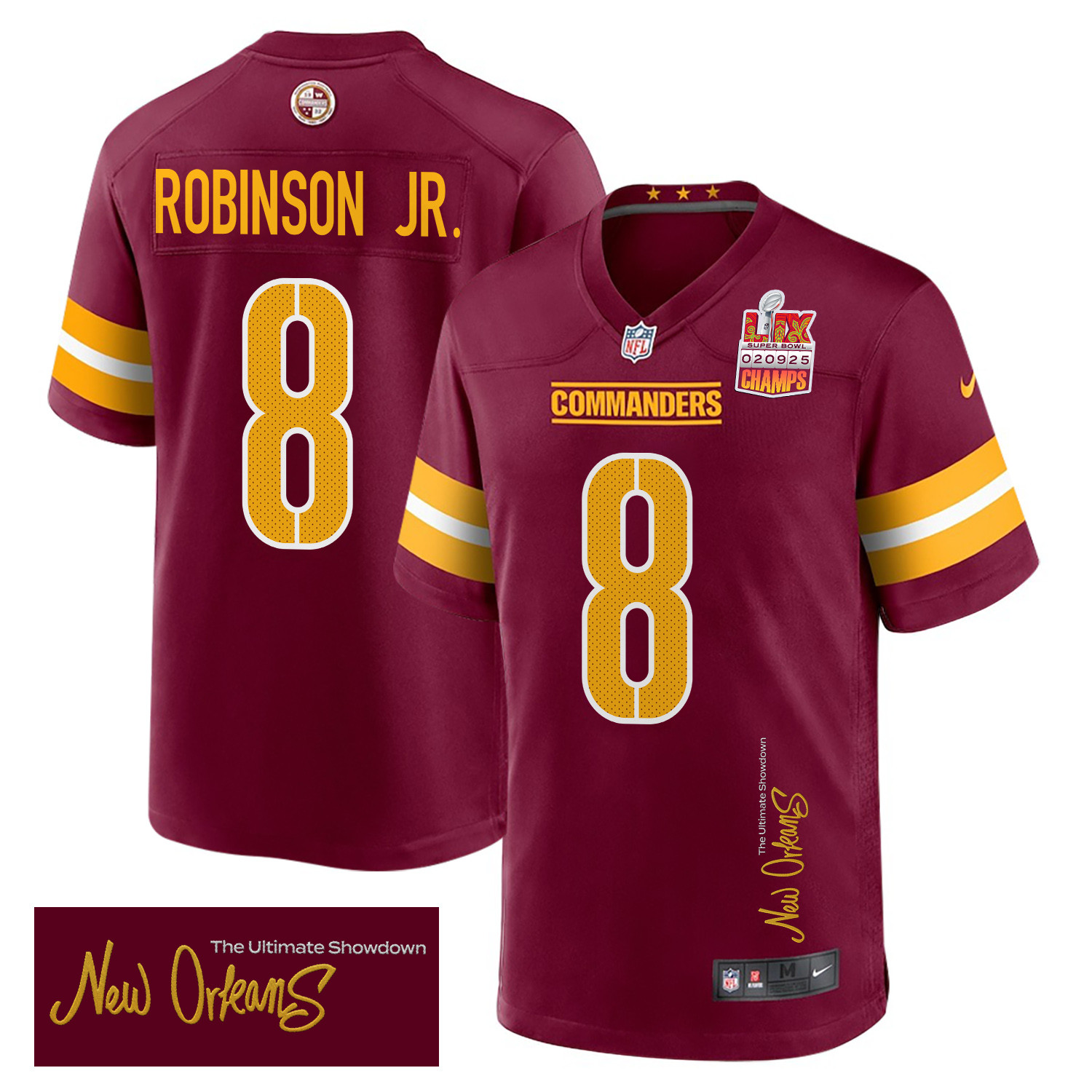 Brian Robinson Jr. 8 Washington Commanders Super Bowl LIX Champions Patch 'New Orleans - The Ultimate Showdown' EMBROIDERED Game Men Jersey - Burgundy JS4325 Saliibo