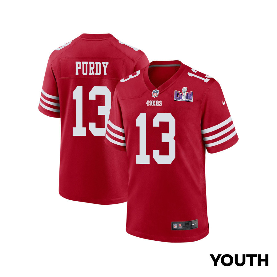 Brock Purdy 13 San Francisco 49ers Super Bowl LVIII Patch Game YOUTH Jersey - Scarlet JS4648 Saliibo