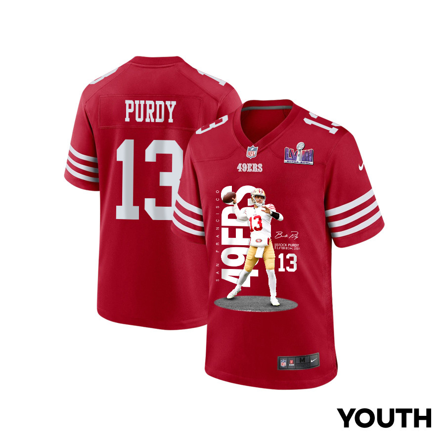 Brock Purdy 13 San Francisco 49ers Throwing Ball Game YOUTH Jersey - Scarlet JS5601 Saliibo