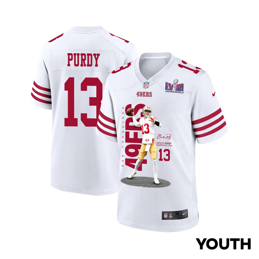 Brock Purdy 13 San Francisco 49ers Throwing Ball Game YOUTH Jersey - White JS8057 Saliibo
