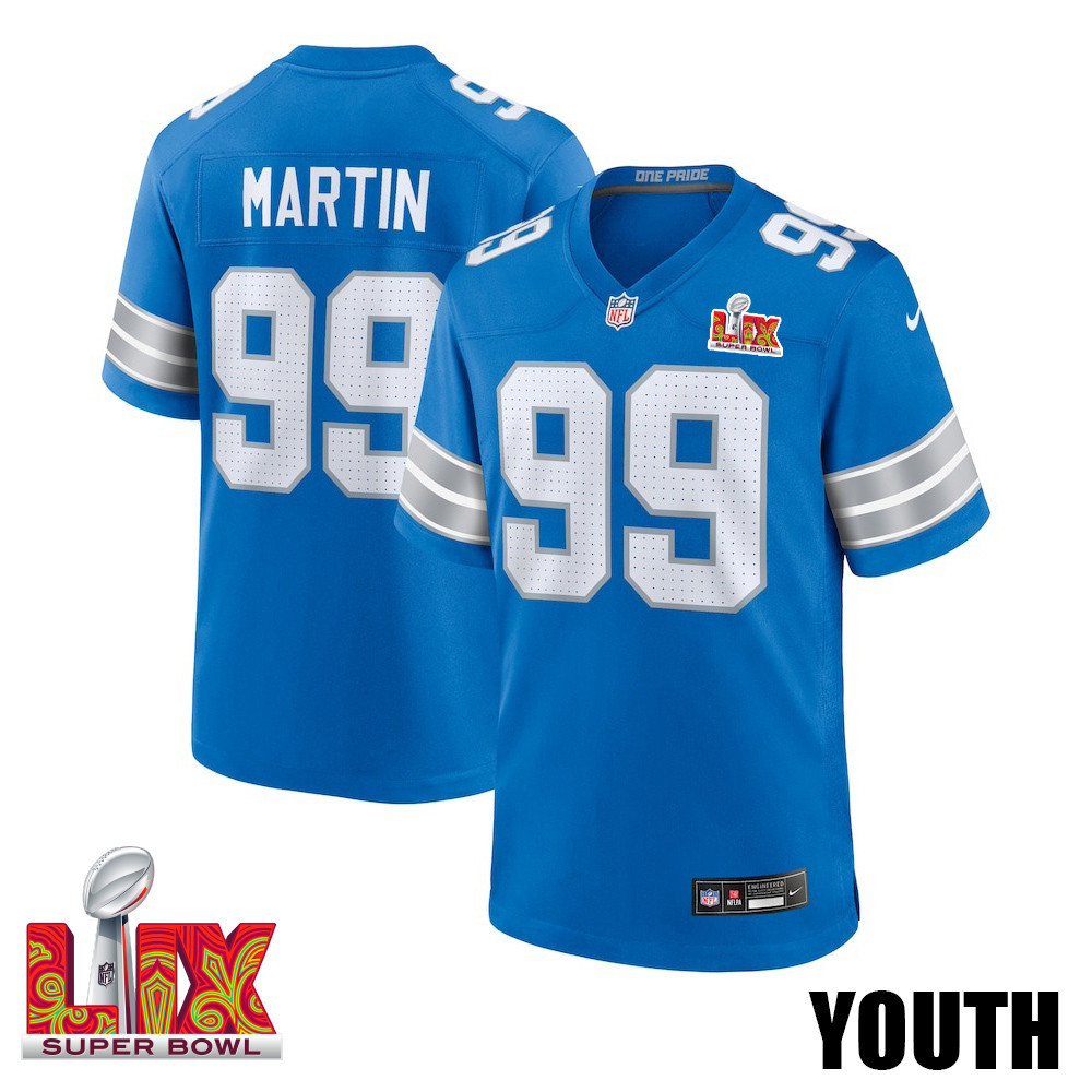 Brodric Martin #99 Detroit Lions Super Bowl LIX YOUTH Jersey - Blue JS8790 Saliibo