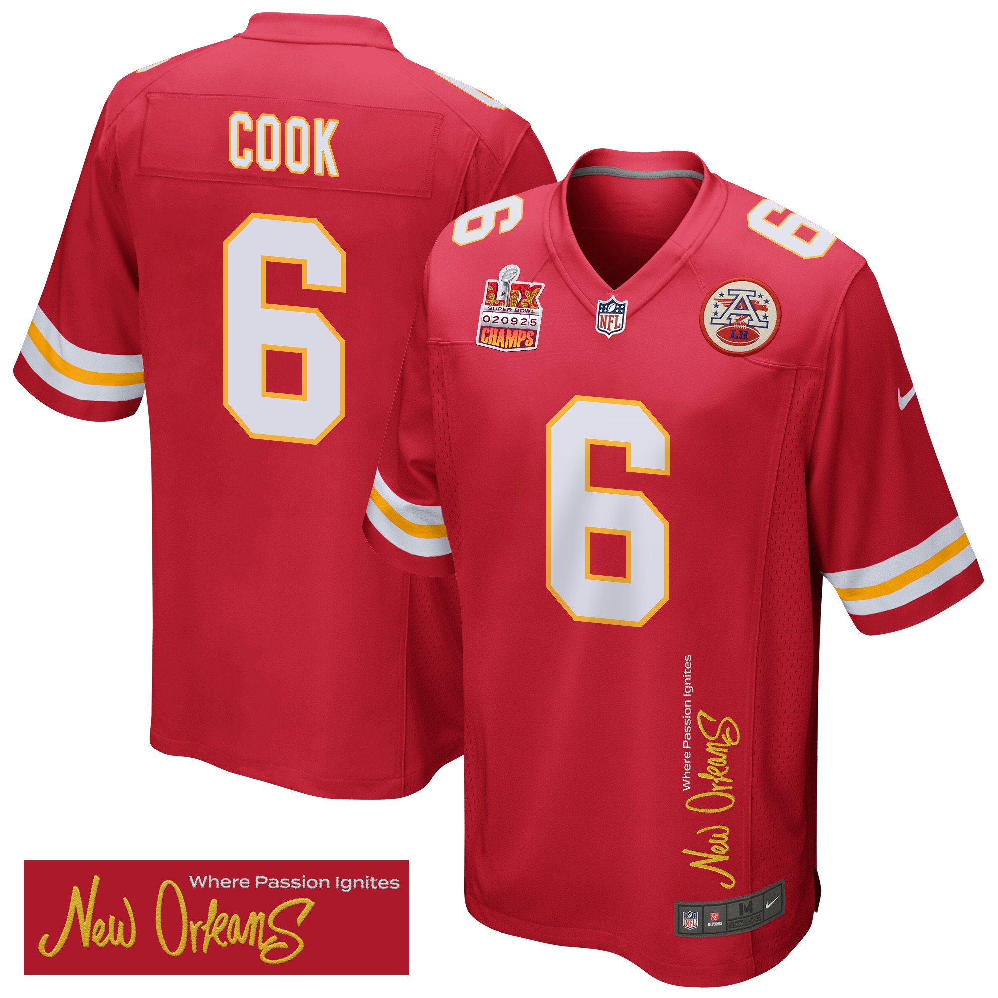 Bryan Cook 6 Kansas City Chiefs Super Bowl LIX Champions Patch 'New Orleans - Where Passion Ignites' EMBROIDERED Game Men Jersey - Red JS6628 Saliibo