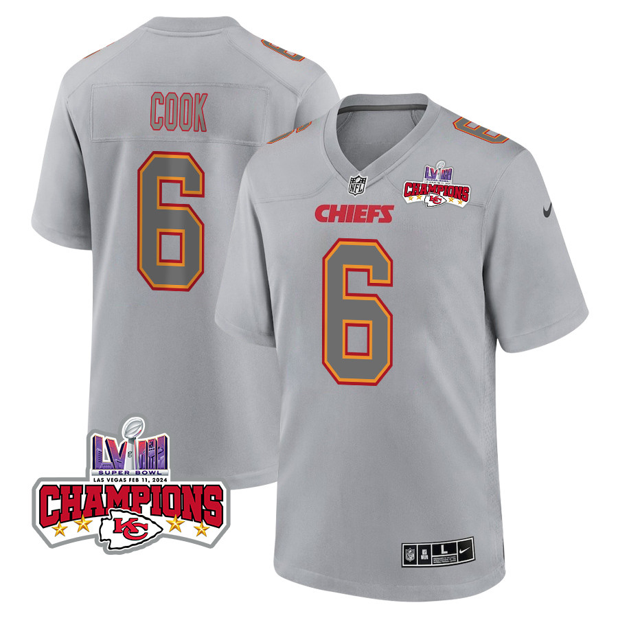 Bryan Cook 6 Kansas City Chiefs Super Bowl LVIII Champions 4 Stars Patch Atmosphere Fashion Game Men Jersey - Gray JS7542 Saliibo