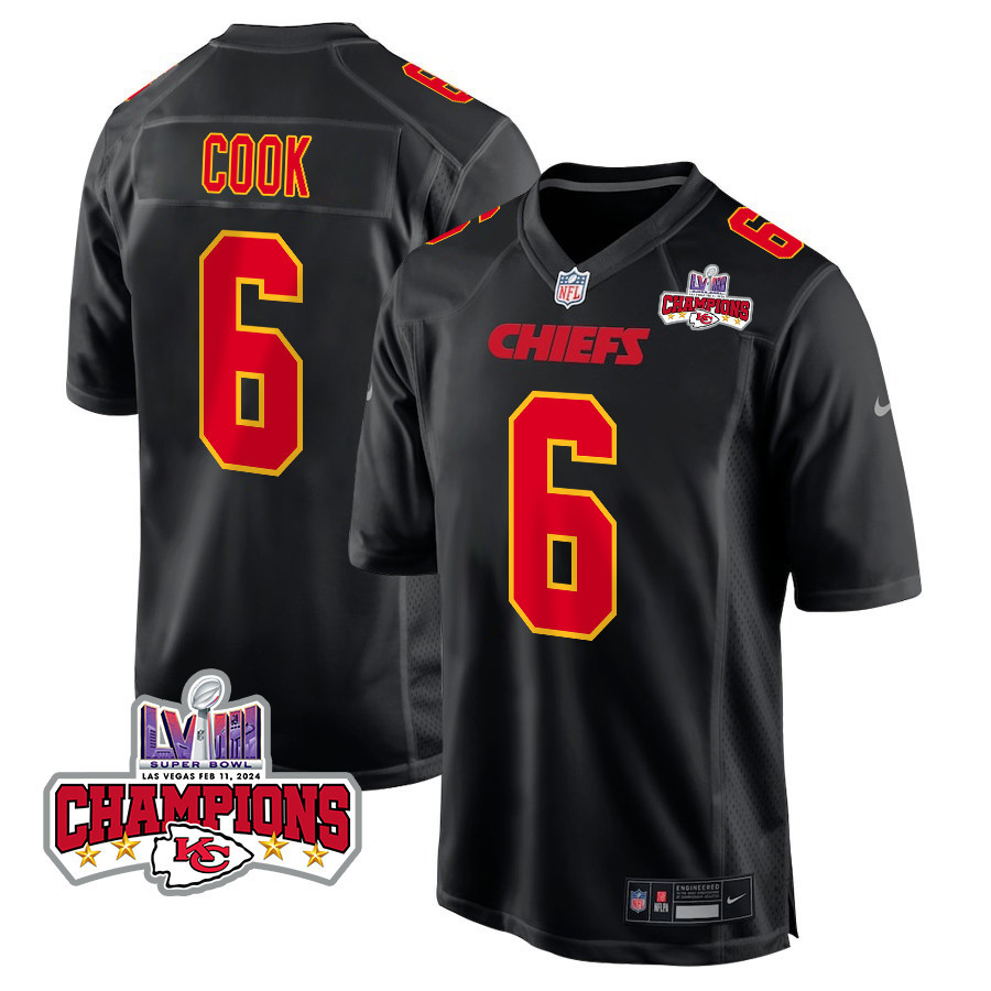 Bryan Cook 6 Kansas City Chiefs Super Bowl LVIII Champions 4 Stars Patch Fashion Game Men Jersey - Carbon Black JS6943 Saliibo