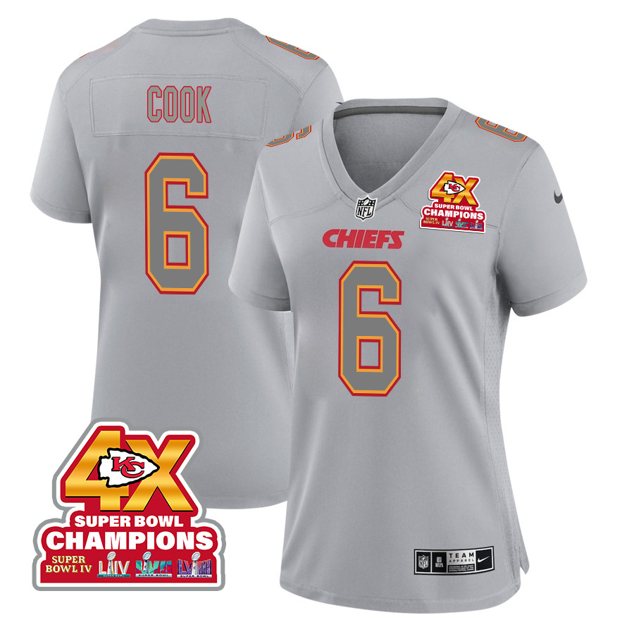 Bryan Cook 6 Kansas City Chiefs Super Bowl LVIII Champions 4X Atmosphere Fashion Game Women Jersey - Gray JS8716 Saliibo