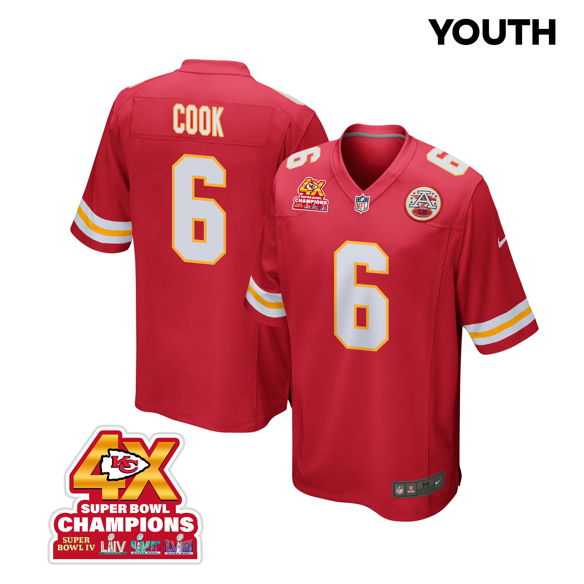 Bryan Cook 6 Kansas City Chiefs Super Bowl LVIII Champions 4X Game YOUTH Jersey - Red JS3495 Saliibo