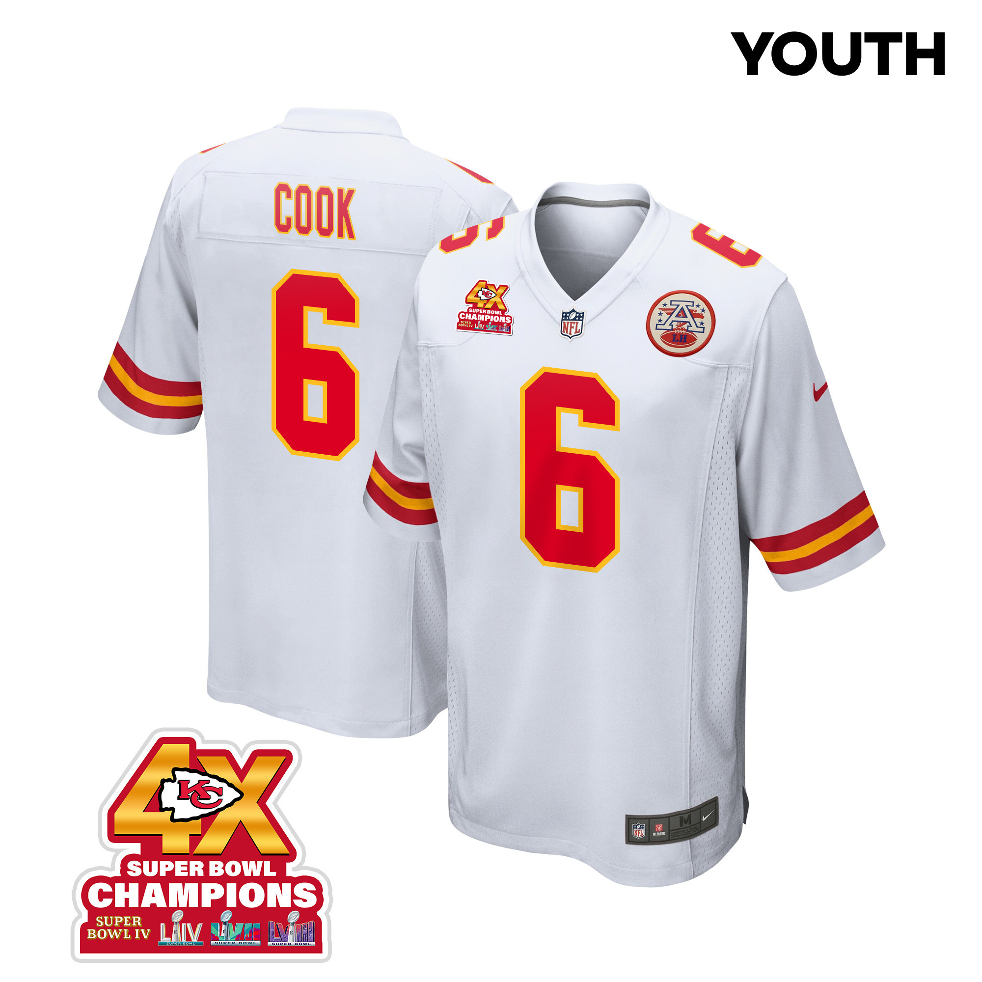 Bryan Cook 6 Kansas City Chiefs Super Bowl LVIII Champions 4X Game YOUTH Jersey - White JS8940 Saliibo