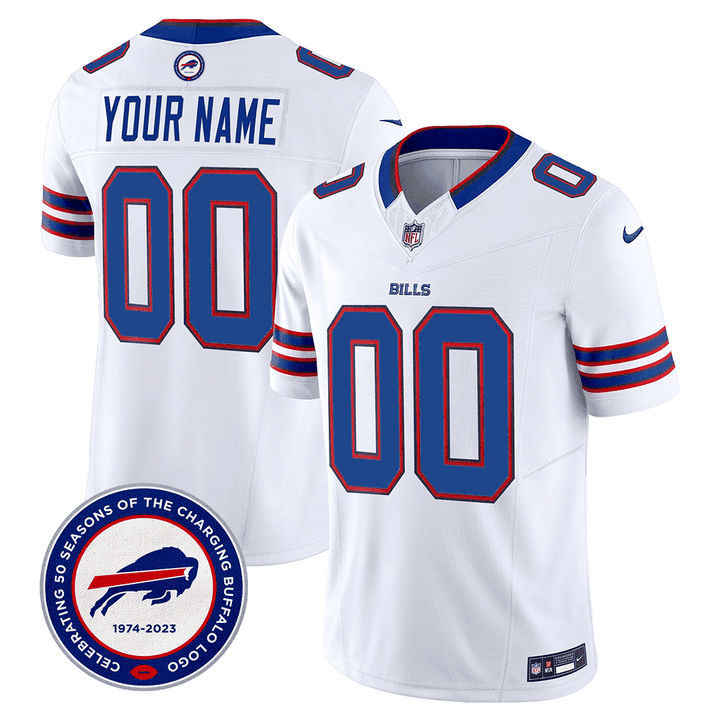 Buffalo Bills 50th Charging Logo Patch Game Custom Men Jersey - White JS1278 Saliibo