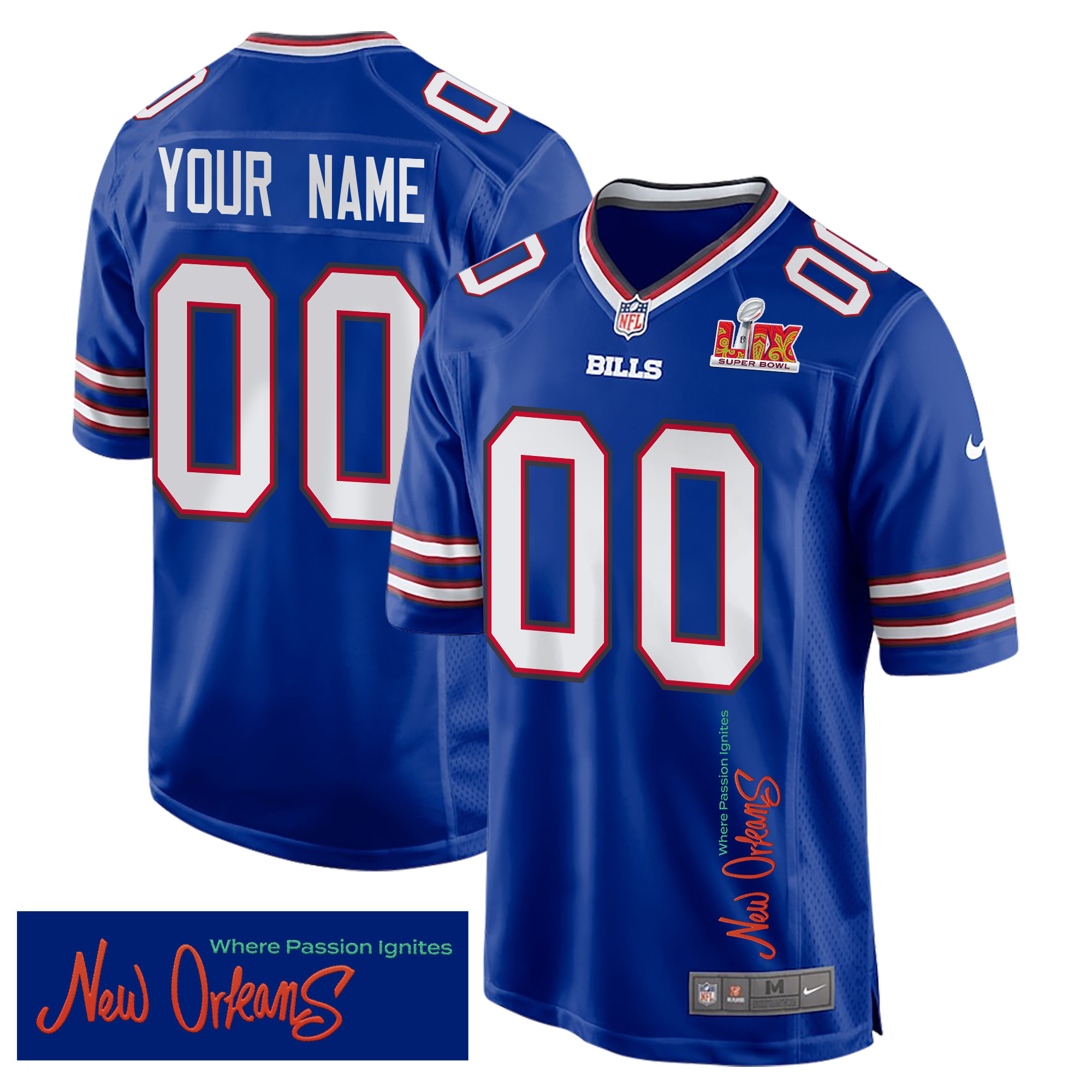 Buffalo Bills Super Bowl LIX 'New Orleans - Where Passion Ignites' EMBROIDERED Game Men Custom Jersey - Royal JS5875 Saliibo