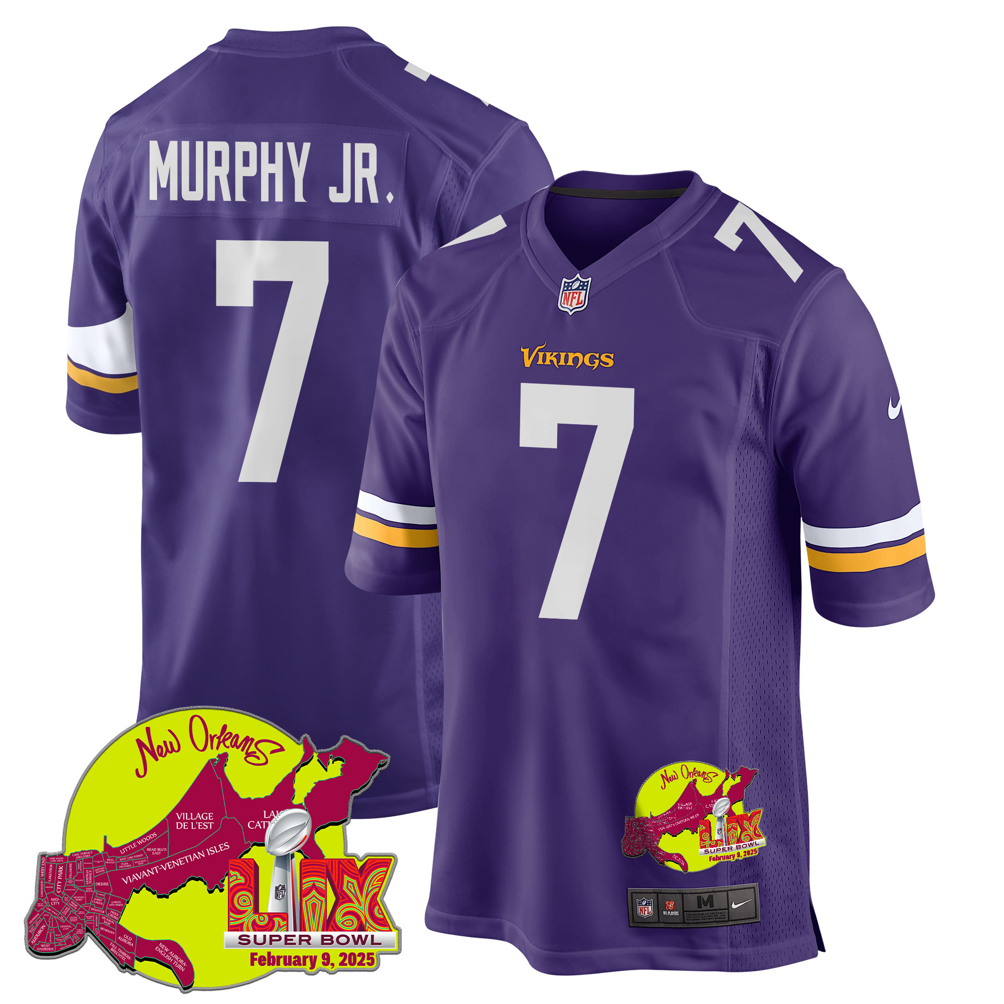 Byron Murphy Jr. 7 Minnesota Vikings Super Bowl LIX New Orleans Patch Game Men Jersey - Purple JS3134 Saliibo