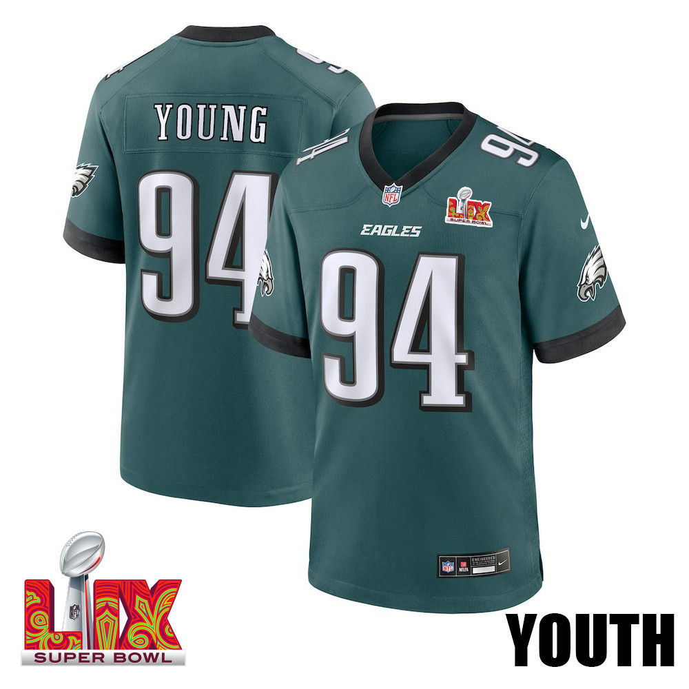 Byron Young #94 Philadelphia Eagles Super Bowl LIX YOUTH Jersey - Midnight Green JS7772 Saliibo